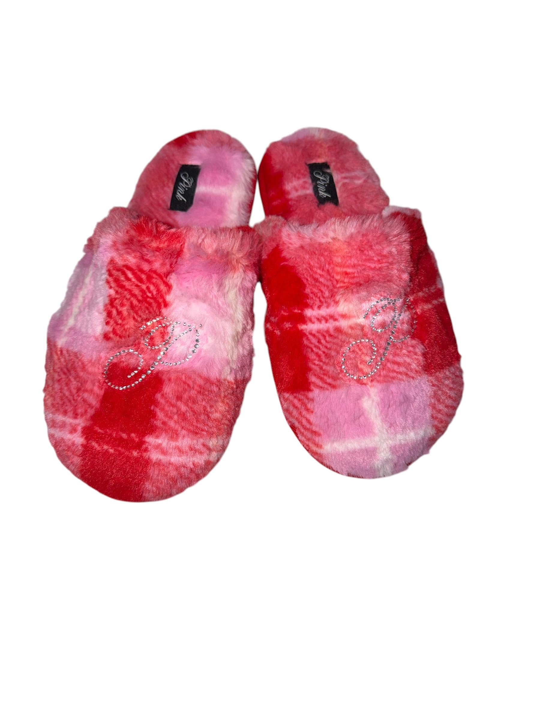 Victoria's Secret PINK Faux Fur Plaid Rhinestone Slide Slippers Pink New