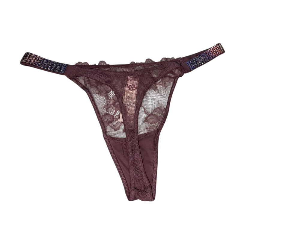Victoria's Secret Lace Thong Rhinestone Shine Strap Mauve Purple M New