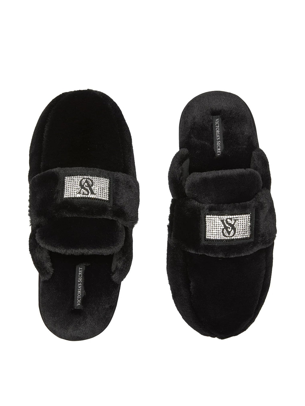 Victoria's Secret Luxe Plush Slide Slippers Black Faux Fur with Rhinestone VS Patch New