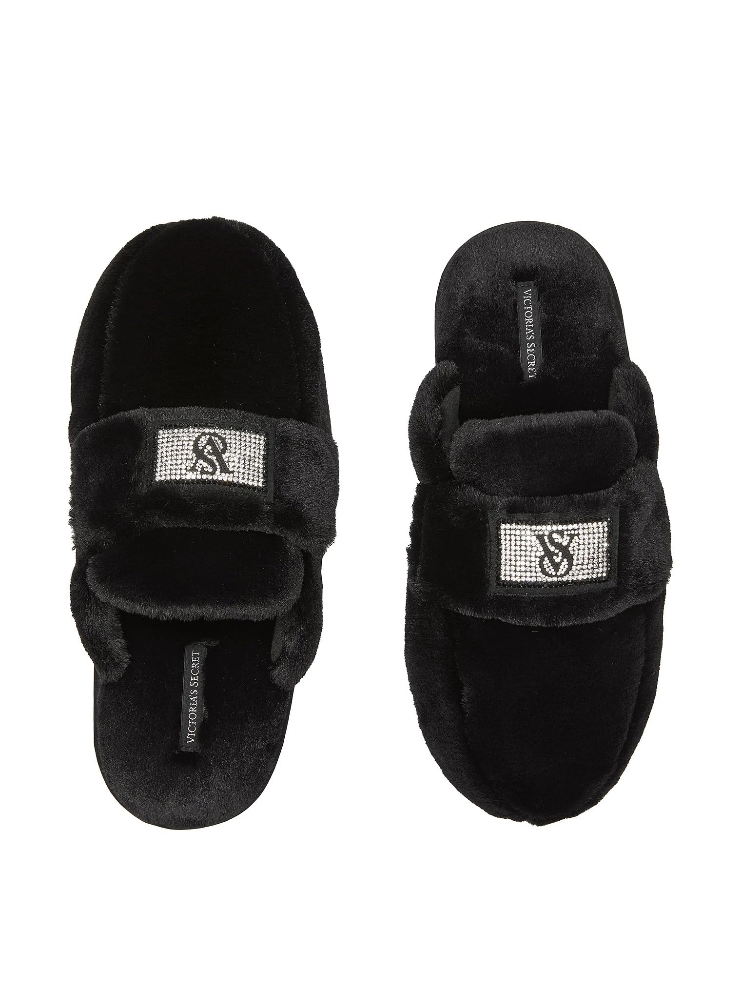Victoria's Secret Luxe Plush Slide Slippers Black Faux Fur with Rhinestone VS Patch New