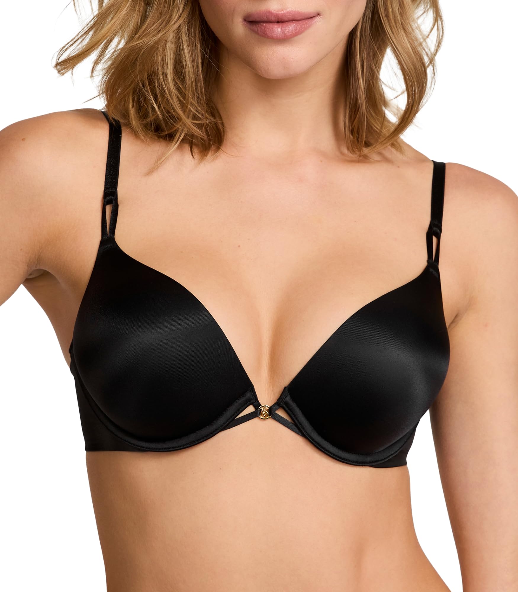 Victoria's Secret Bombshell Shine Strap Push Up Bra, Add 2 Cups, Moderate Coverage, Plunge Neckline, Lace, Bras for Women, Very Sexy Collection, Black (32A)
