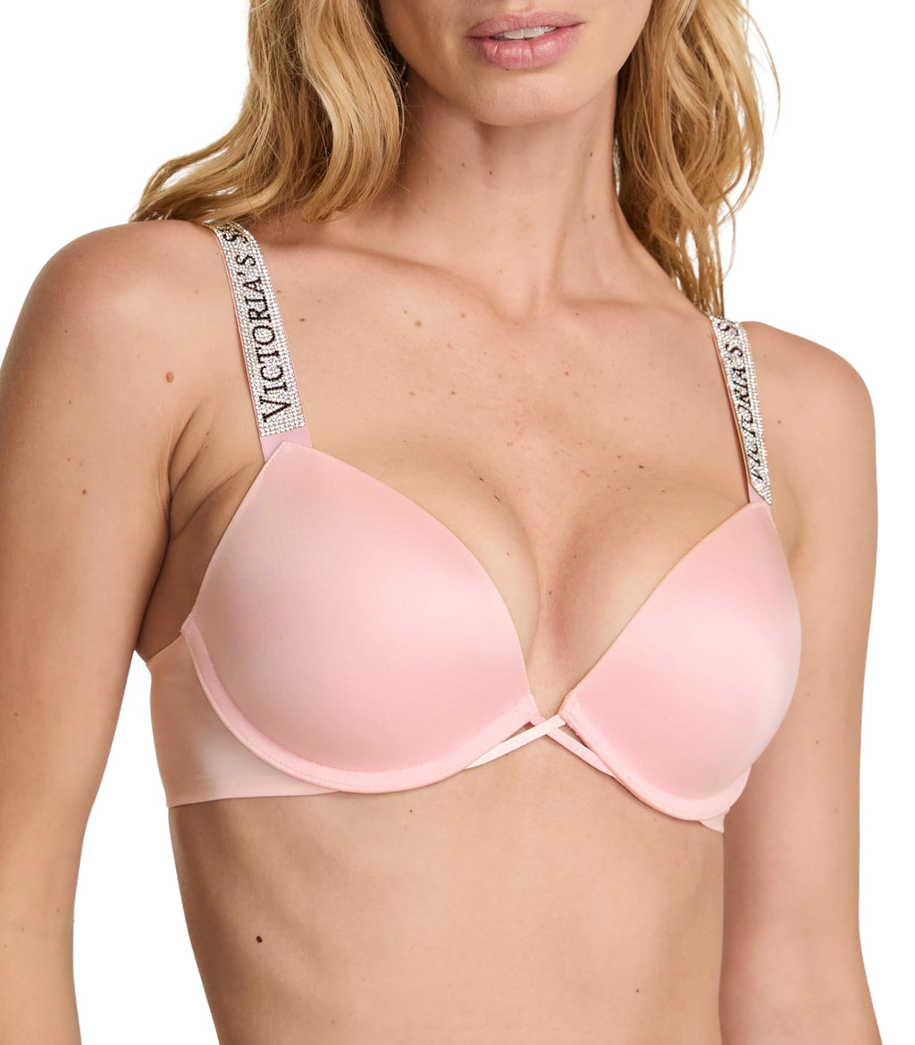 Victoria's Secret Very Sexy Logo Shine Strap Push-Up Bra, Adds One Cup Size, Padded, Plunge Neckline, Bras for Women, Angel Pink, 32C