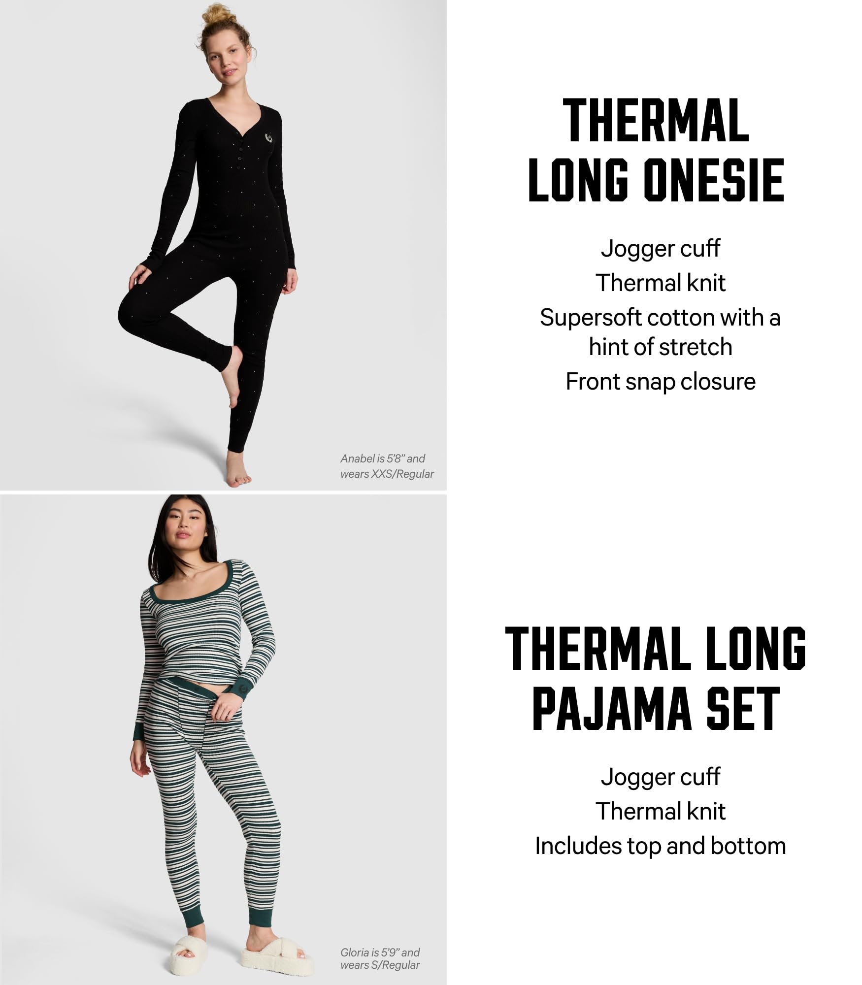 Victoria's Secret PINK Thermal Onesie Pajama Set, Sleepwear for Women, Pure Black (S)