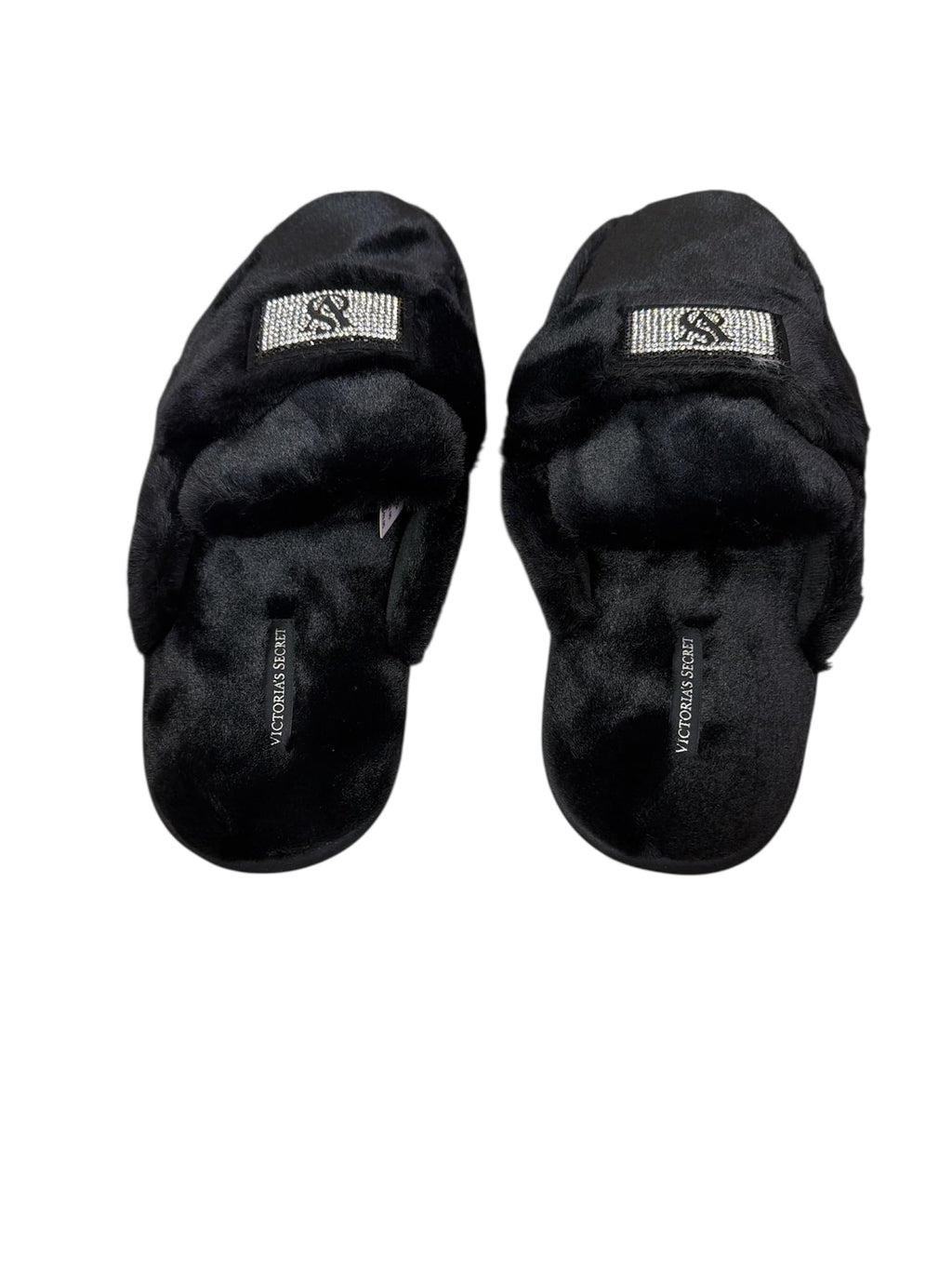 Victoria's Secret Luxe Plush Slide Slippers Black Faux Fur with Rhinestone VS Patch New