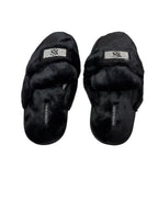 Victoria's Secret Luxe Plush Slide Slippers Black Faux Fur with Rhinestone VS Patch New