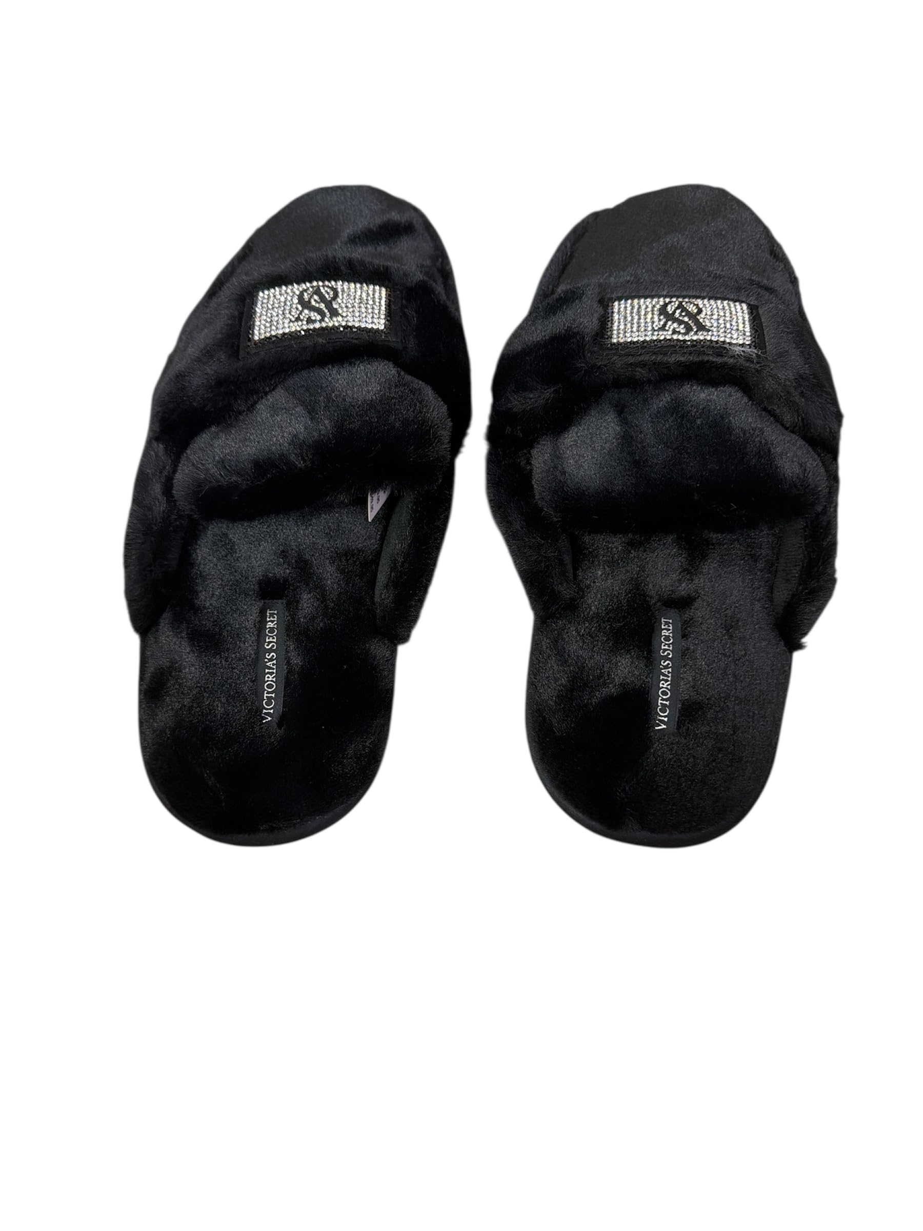 Victoria's Secret Luxe Plush Slide Slippers Black Faux Fur with Rhinestone VS Patch New