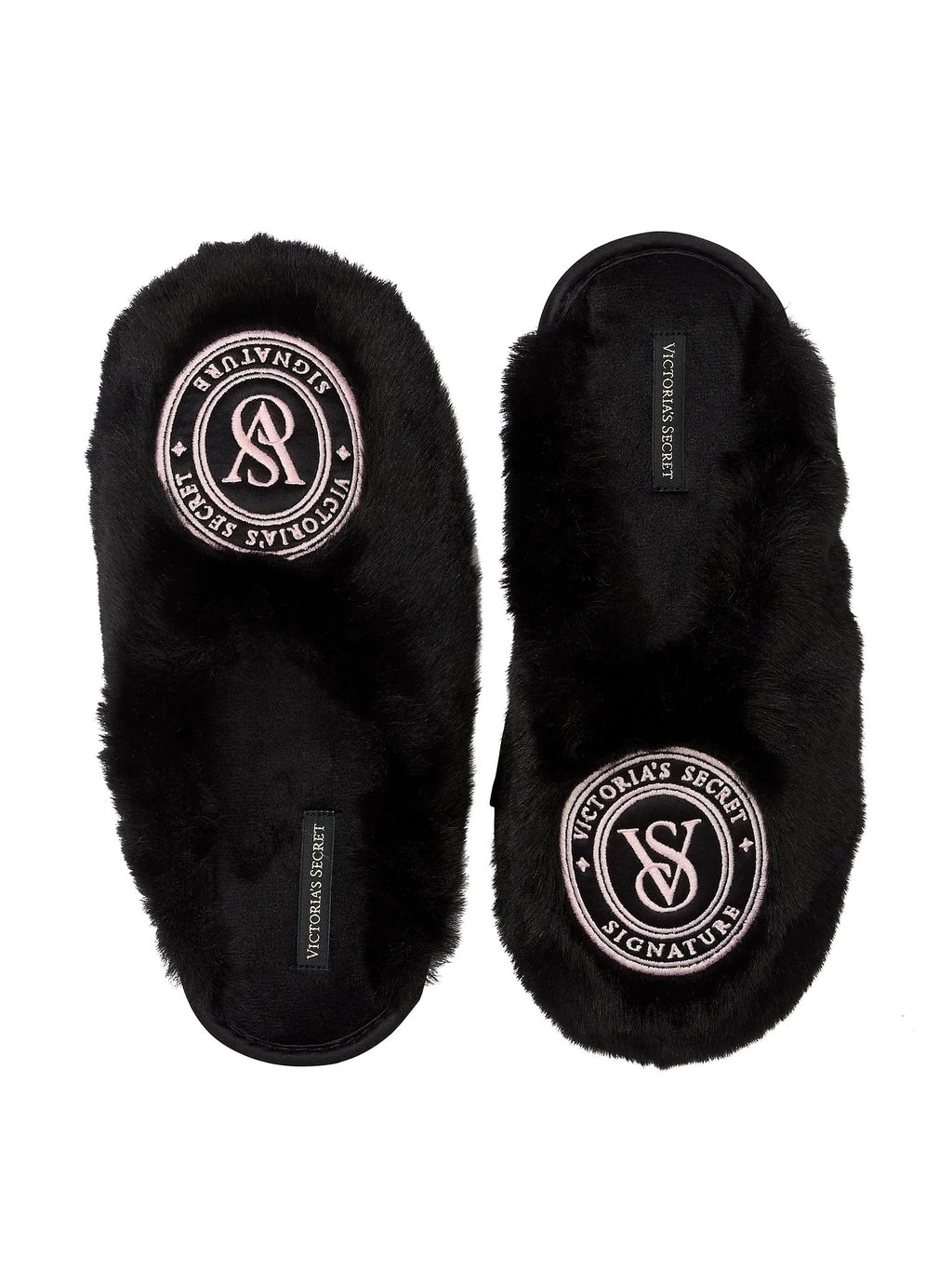 Victoria's Secret Luxe Plush Faux Fur Slippers Black Closed Toe New