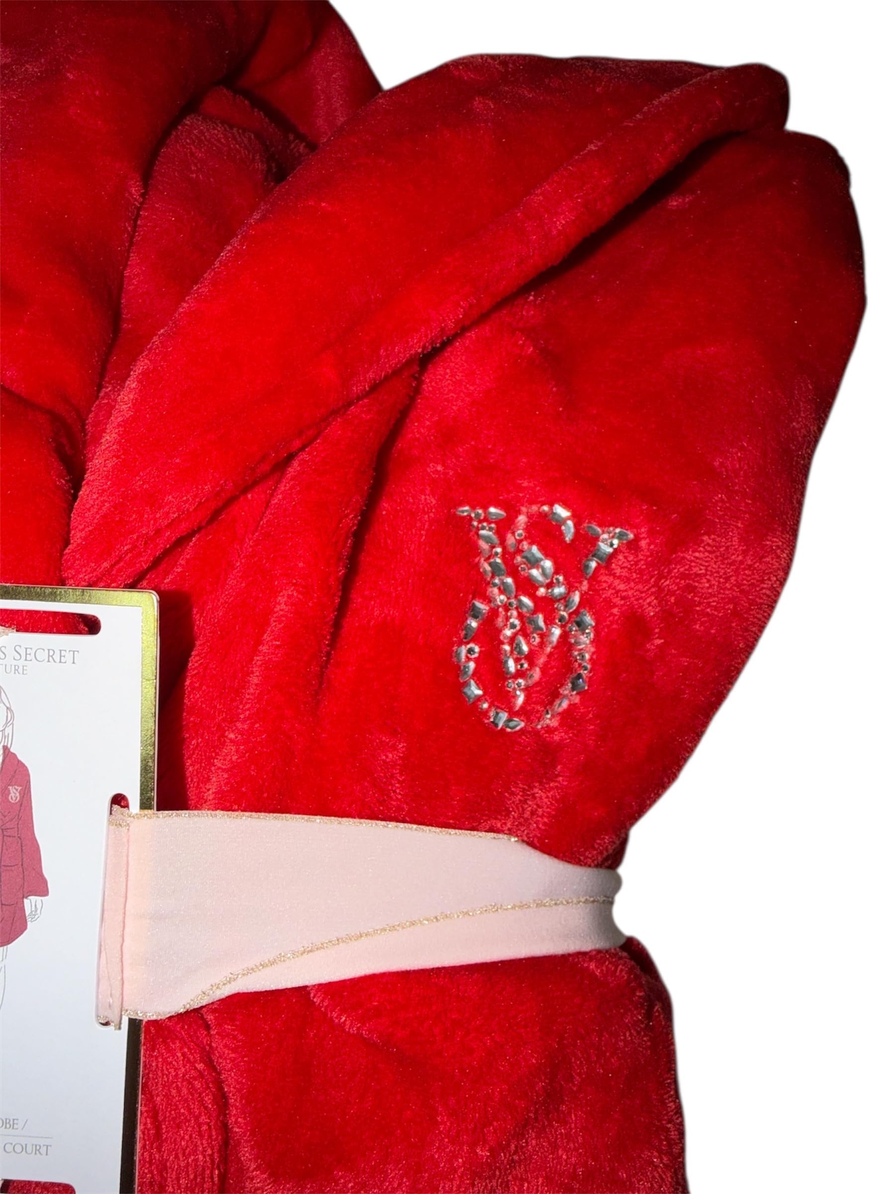 Victoria's Secret Signature Short Cozy Plush Robe Red Belted Wrap with Rhinestone VS Logo New