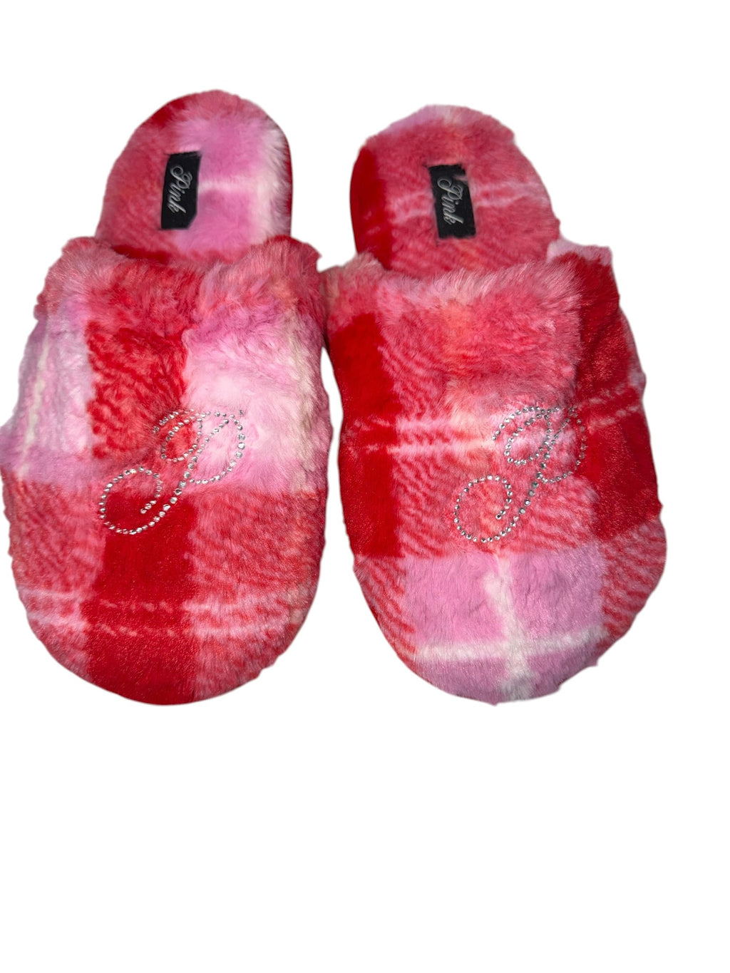 Victoria's Secret PINK Faux Fur Plaid Rhinestone Slide Slippers Pink New