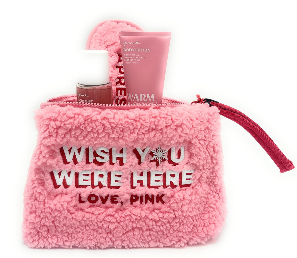 Victoria's Secret PINK Warm & Cozy 4-Piece Gift Set: Bag, Eye Mask, Mist, Lotion, each 2.5 fl oz