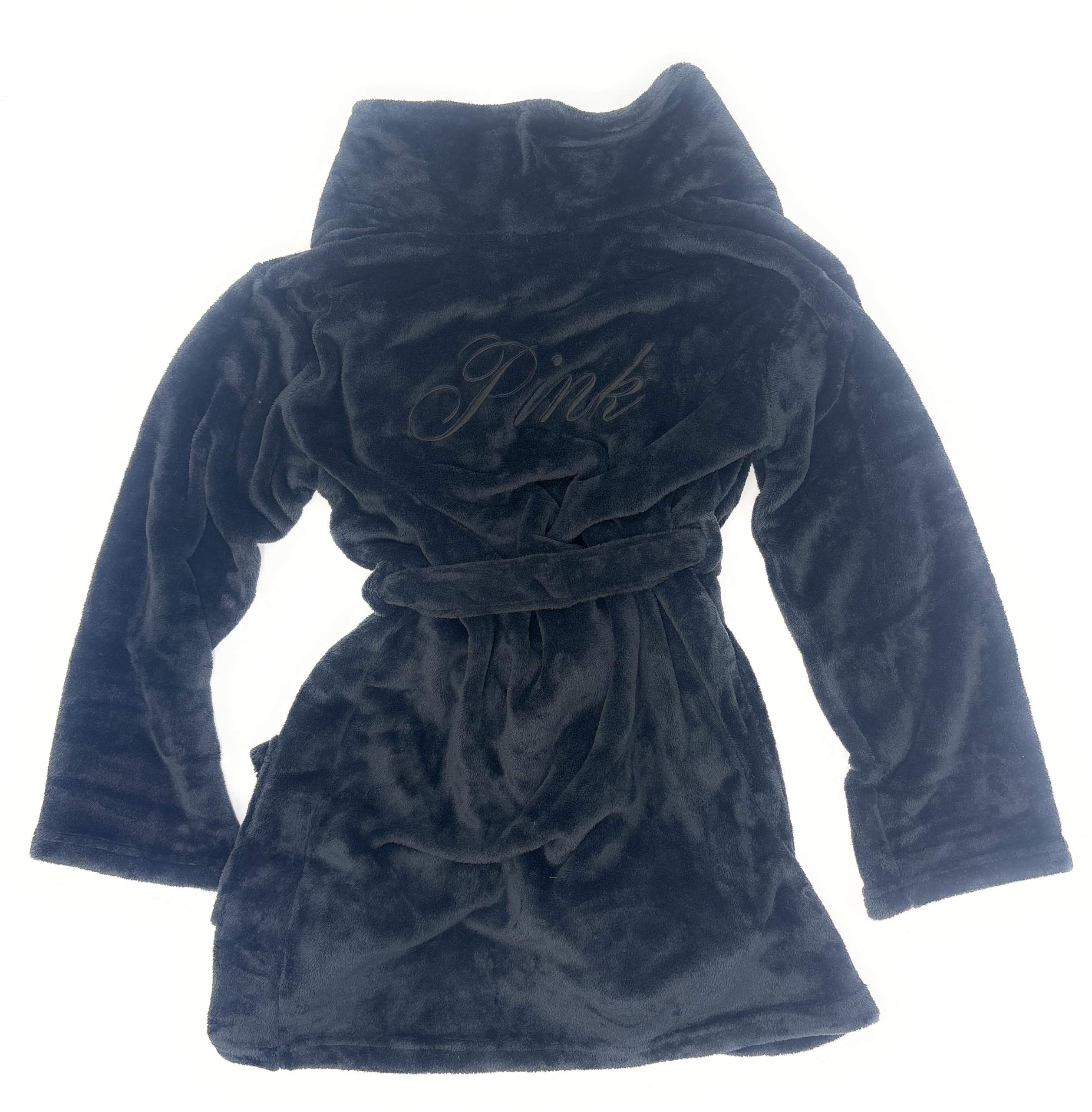Victoria's Secret PINK Cozy Plush Short Robe (US, Alpha, X-Small, Small, Regular, Regular, Black/Black Logo)