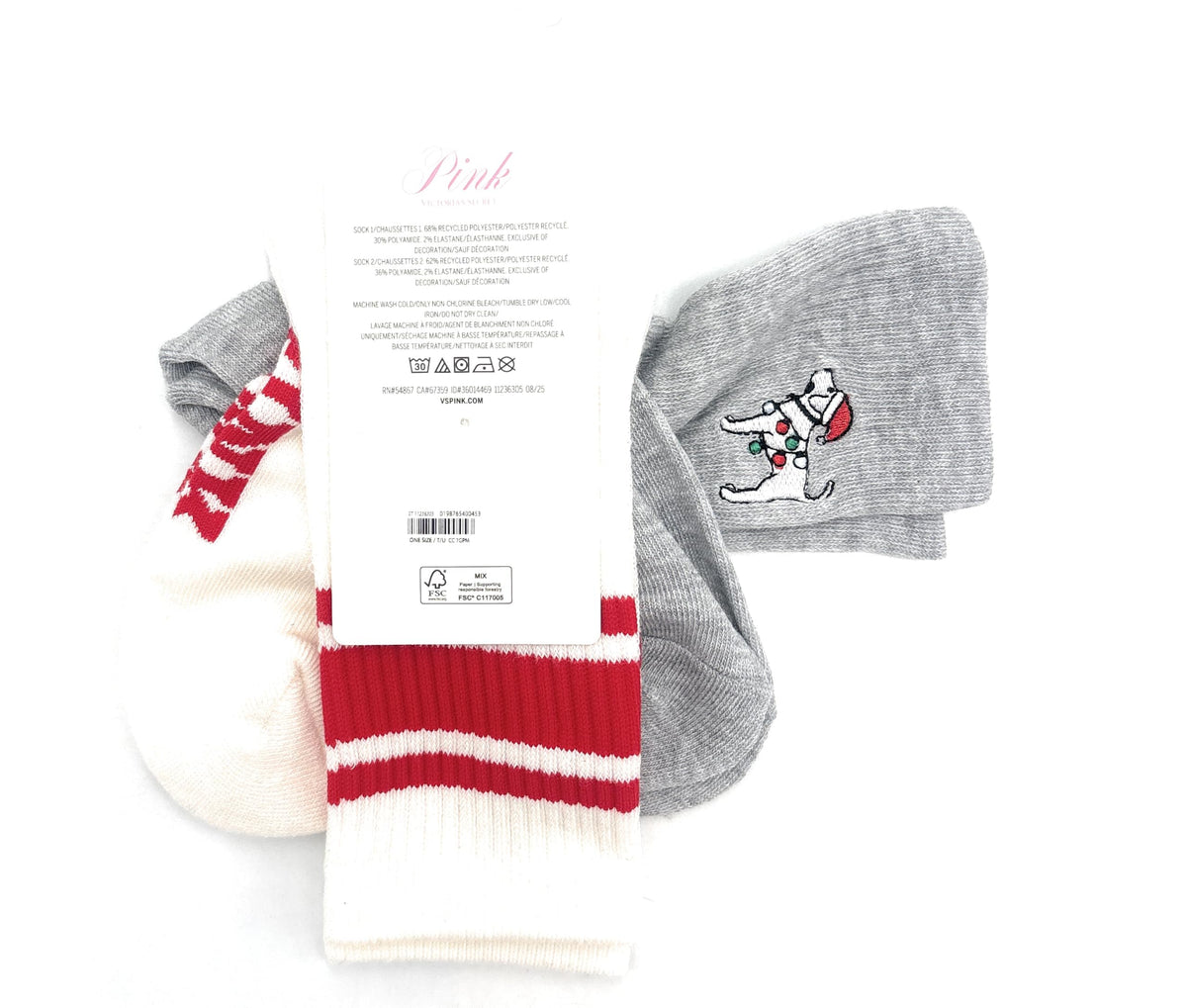Victoria's Secret PINK 2-Pack Crew Socks (Cream/Gray/Red/Dog)