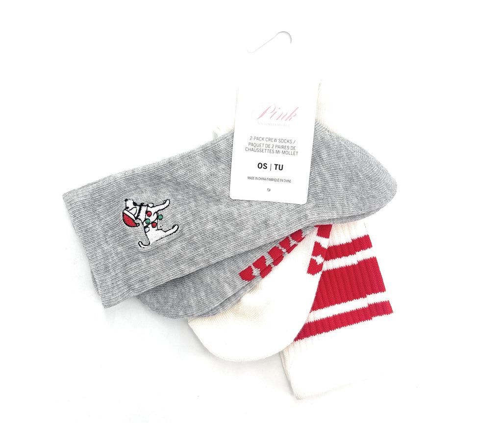 Victoria's Secret PINK 2-Pack Crew Socks (Cream/Gray/Red/Dog)