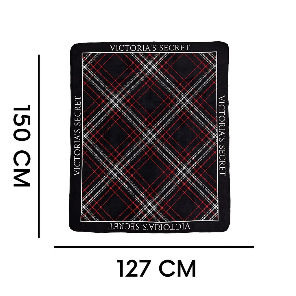 Victoria's Secret Plaid Sherpa Fleece Throw Blanket Black Red Logo New