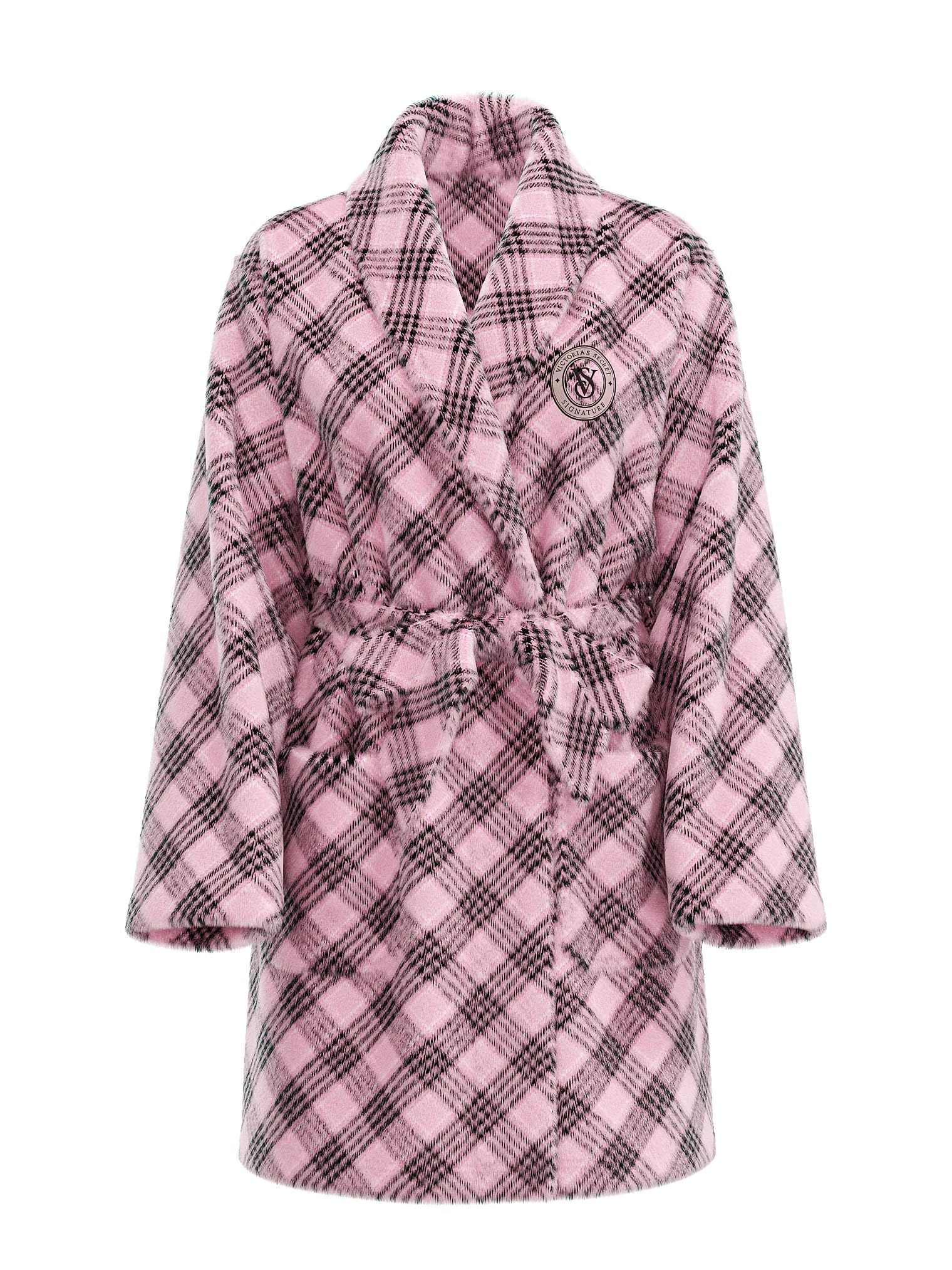 Victoria's Secret Short Cozy Robe Color Plaid Pink New (US, Alpha, X-Small, Small, Regular, Regular, Plaid Pink Logo)