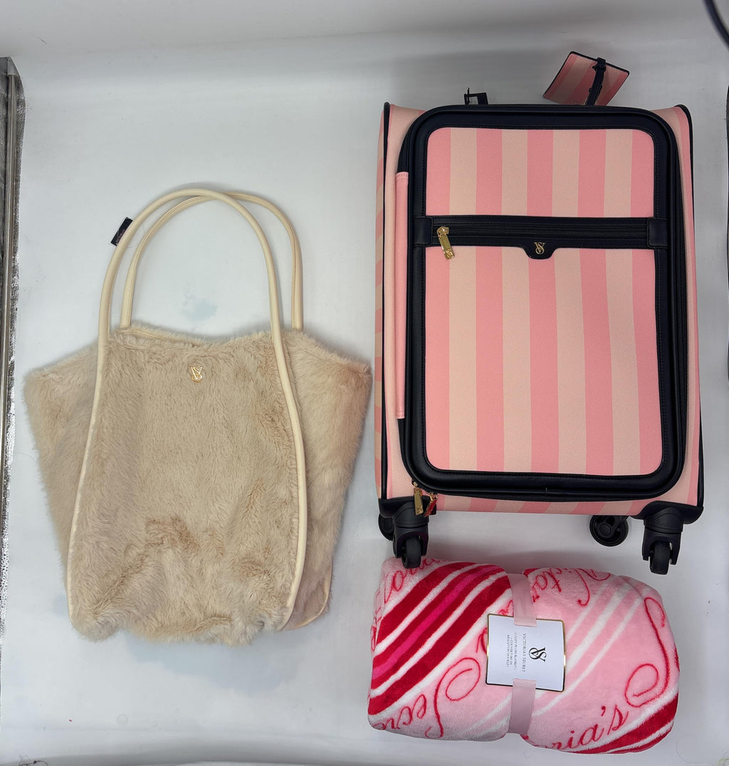 Victoria's Secret Carry-On Luggage Wheelie Suitcase, Blanket, Tote Bag