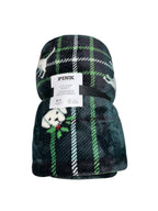 Victoria's Secret Pink Cozy Plush Sherpa Blanket Green Plaid Dog Puppy Size 60" x 50" New