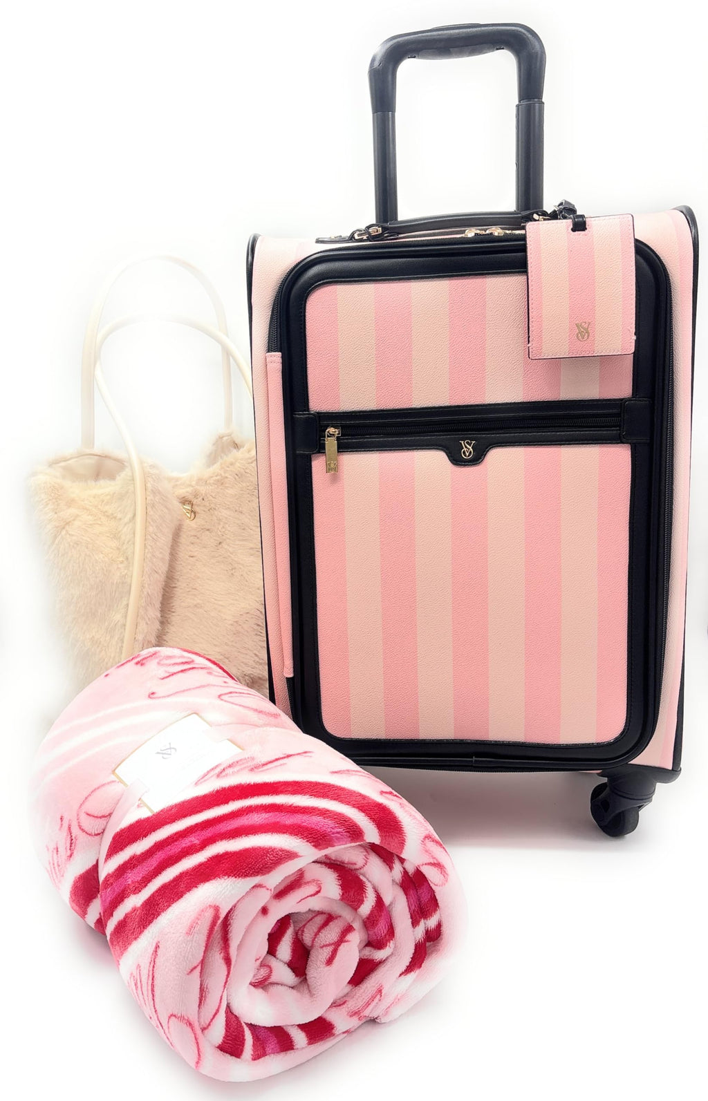 Victoria's Secret Carry-On Luggage Wheelie Suitcase, Blanket, Tote Bag