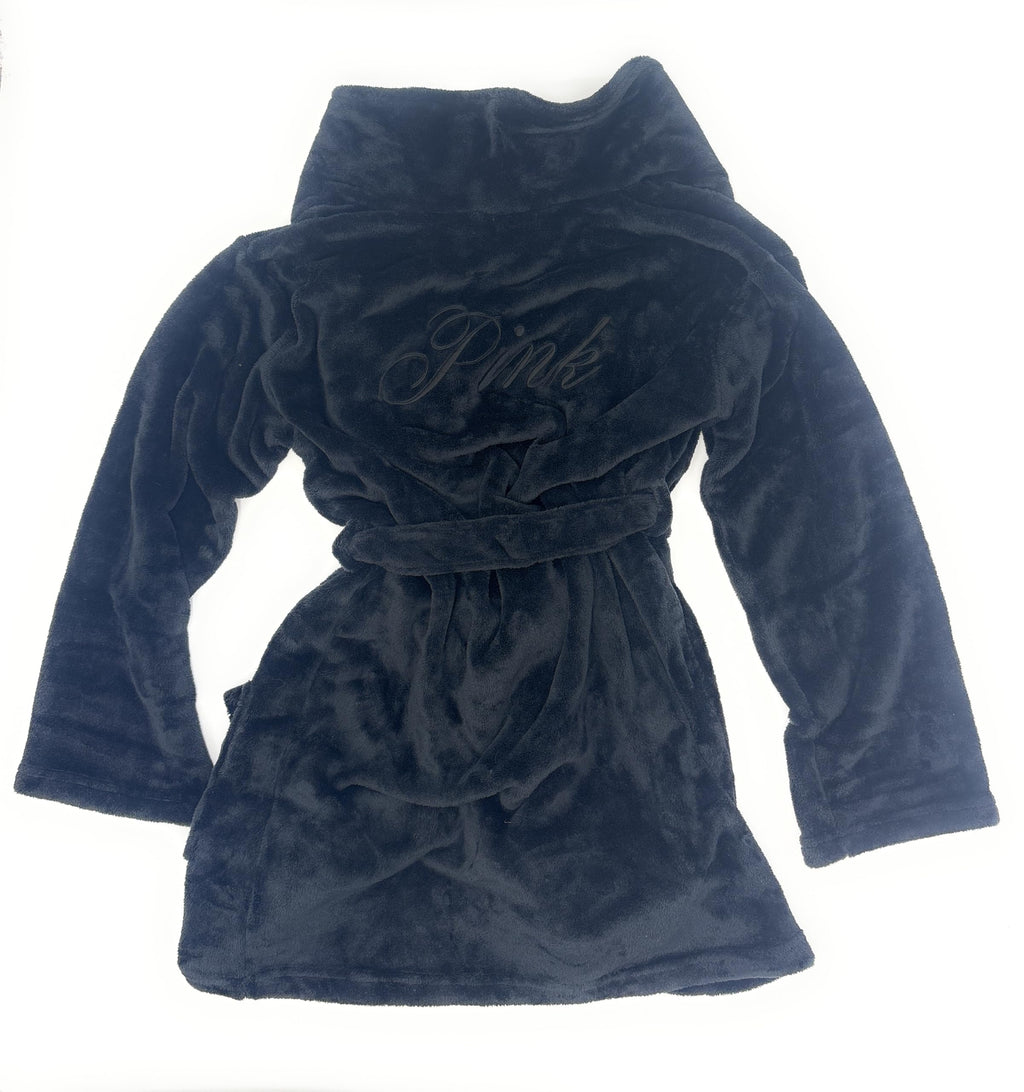 Victoria's Secret PINK Cozy Plush Short Robe (US, Alpha, X-Small, Small, Regular, Regular, Black/Black Logo)