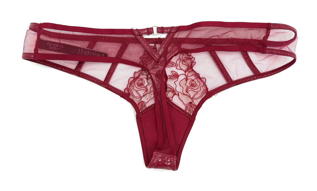 Victoria's Secret Very Sexy Low Rise Thong Panty Embroidered Lace, Faux Leather, Wine Red, Medium