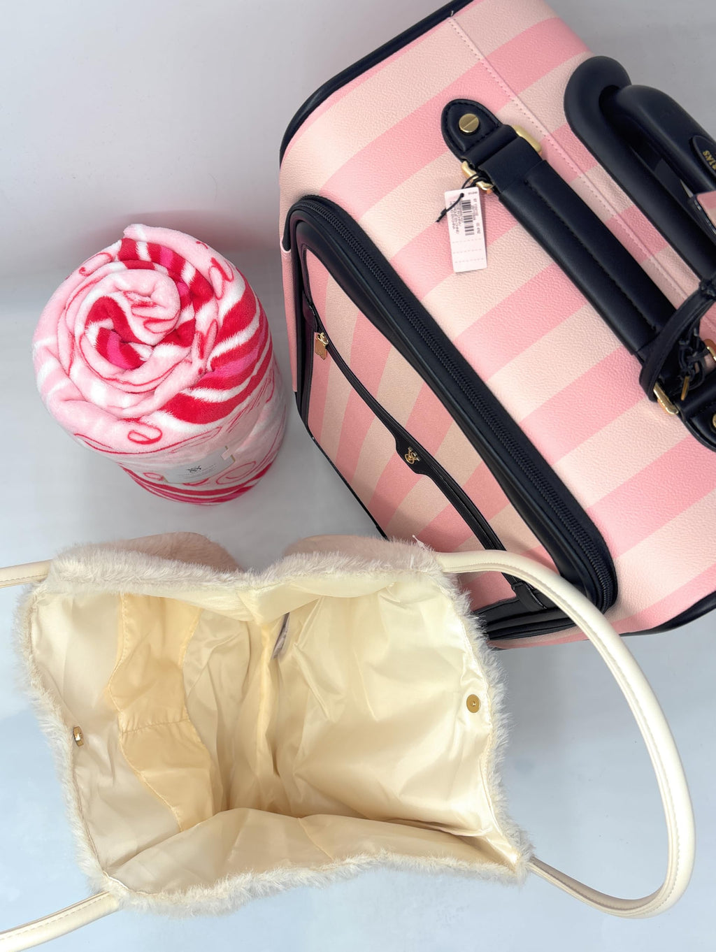 Victoria's Secret Carry-On Luggage Wheelie Suitcase, Blanket, Tote Bag