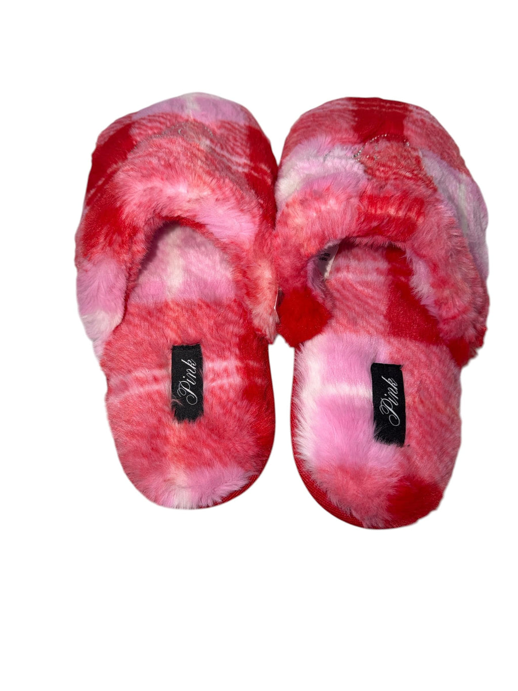 Victoria's Secret PINK Faux Fur Plaid Rhinestone Slide Slippers Pink New