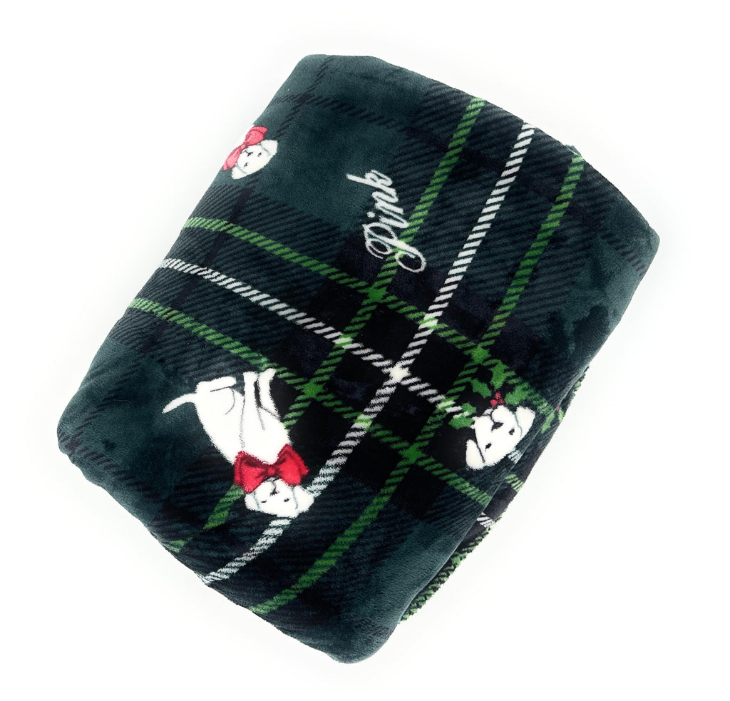 Victoria's Secret Pink Holiday Plush Cozy Throw Blanket, Green Plaid with Dog Pattern