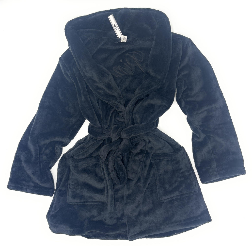 Victoria's Secret PINK Cozy Plush Short Robe (US, Alpha, X-Small, Small, Regular, Regular, Black/Black Logo)