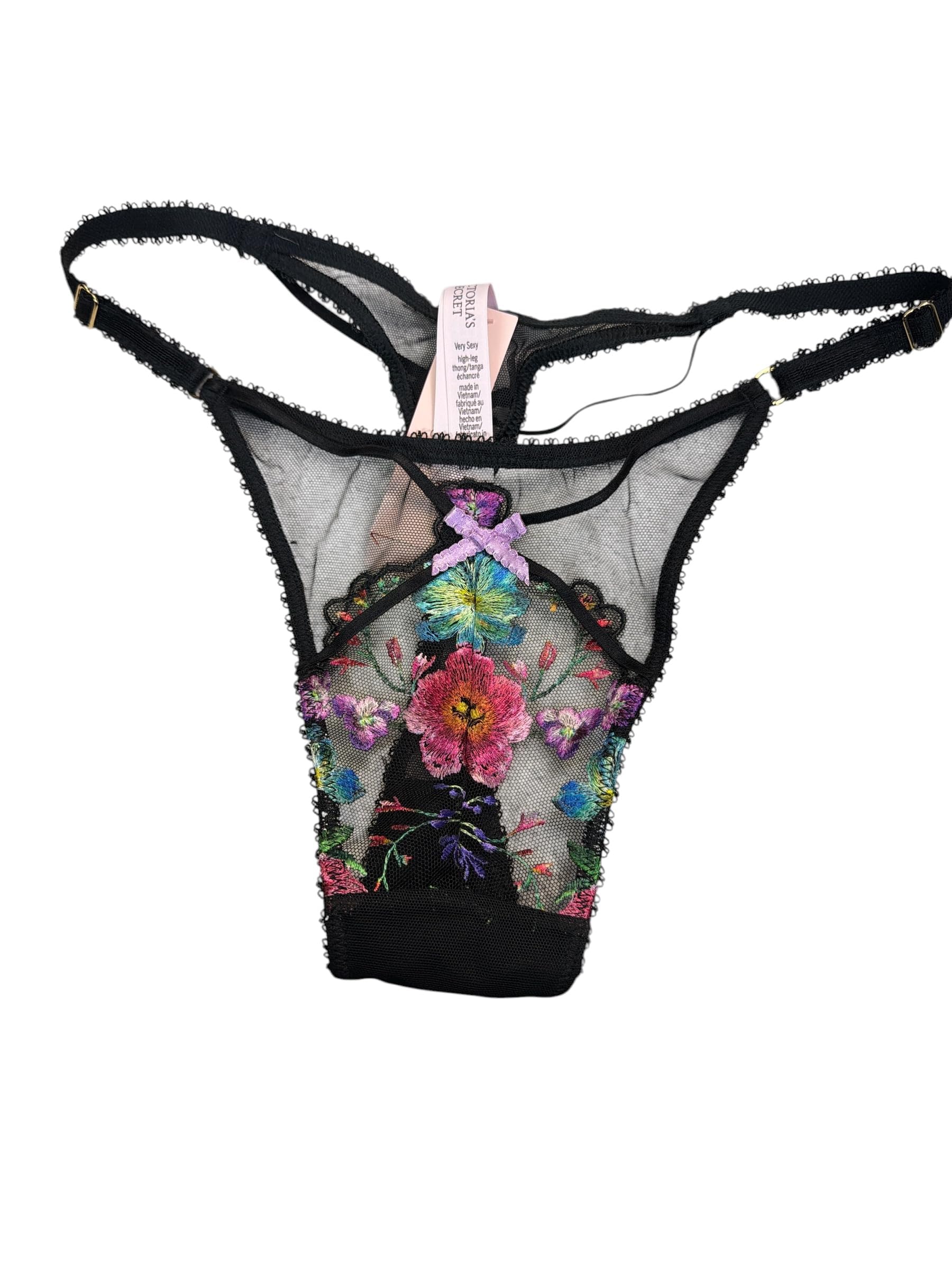Victoria's Secret Very Sexy Mesh Floral Thong Black Adjustable New Medium