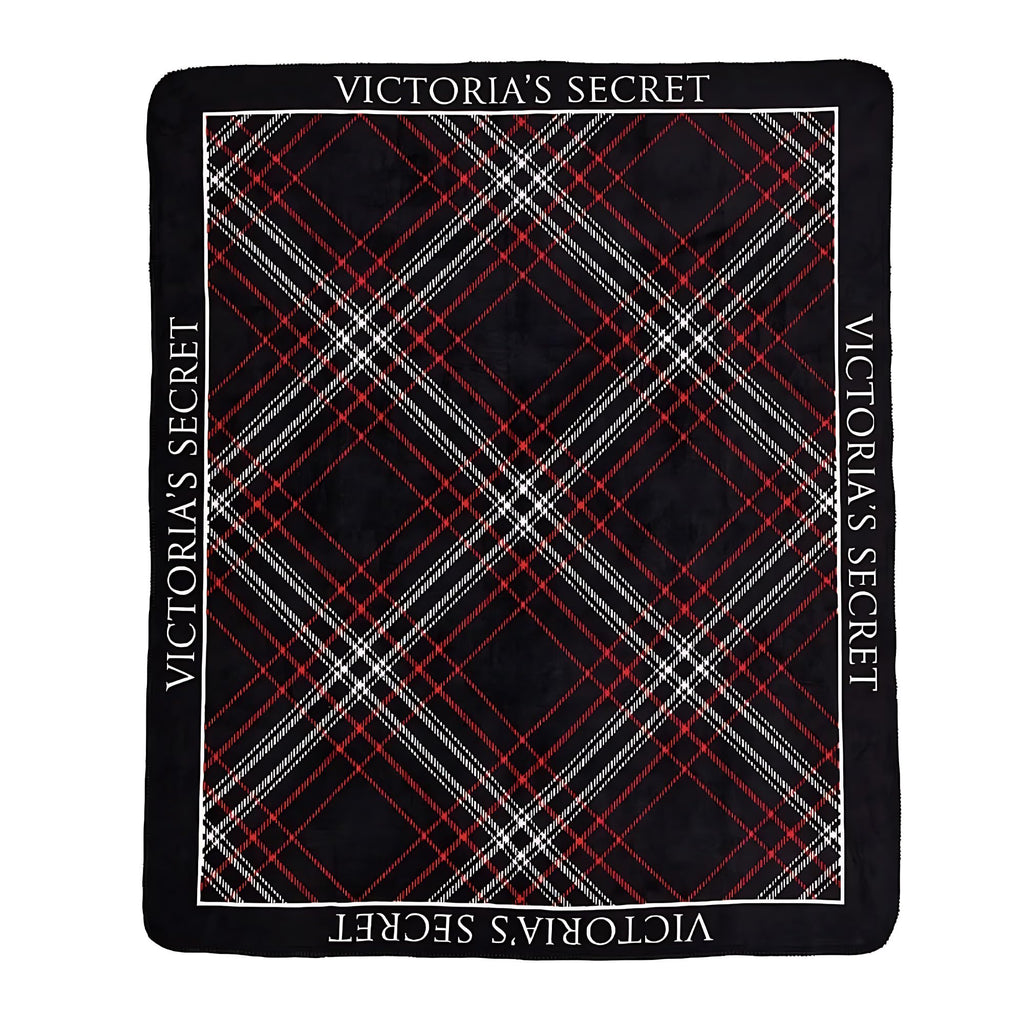 Victoria's Secret Plaid Sherpa Fleece Throw Blanket Black Red Logo New