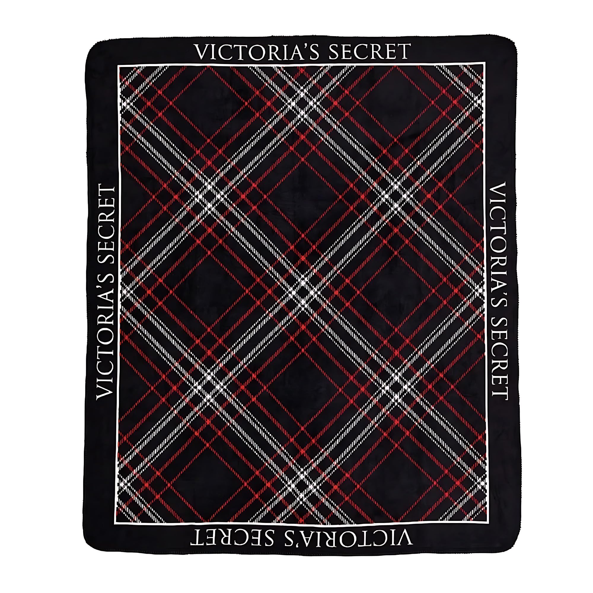 Victoria's Secret Plaid Sherpa Fleece Throw Blanket Black Red Logo New