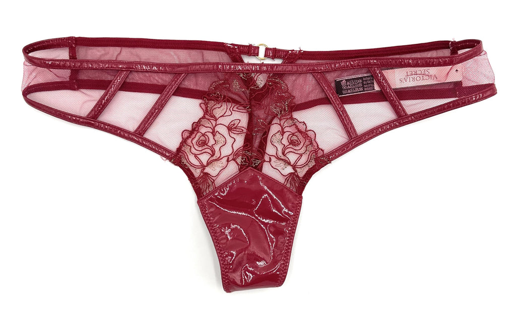 Victoria's Secret Very Sexy Low Rise Thong Panty Embroidered Lace, Faux Leather, Wine Red, Medium