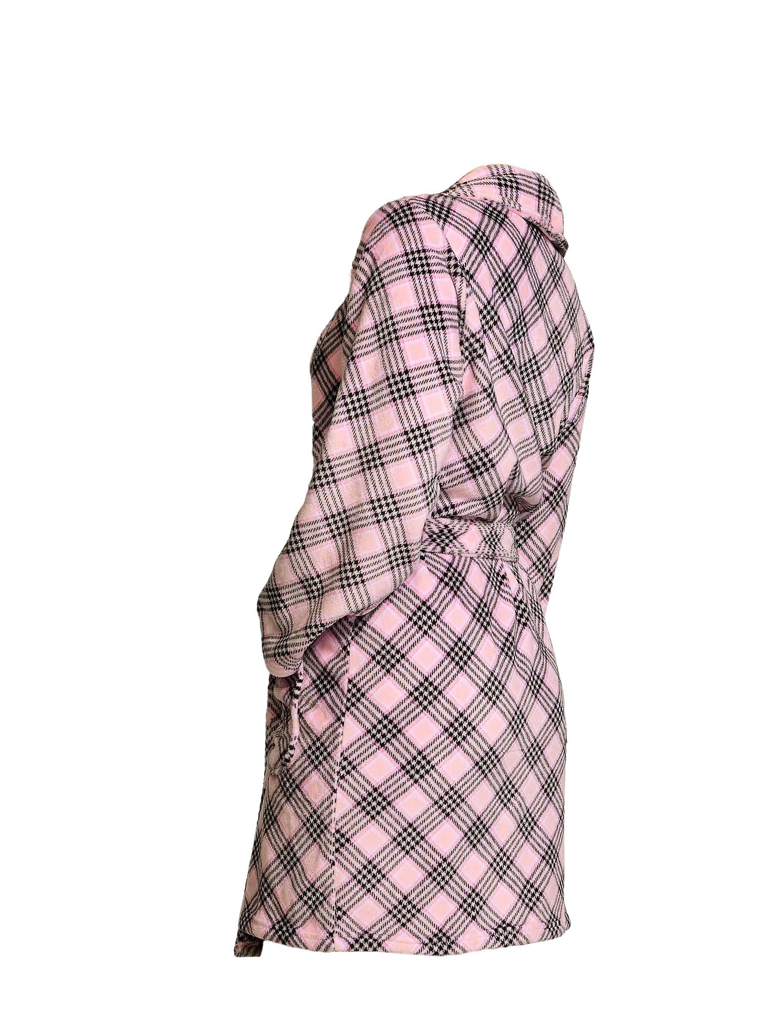 Victoria's Secret Women’s Short Cozy Fleece Robe Plaid Pink Soft Tie Waist New