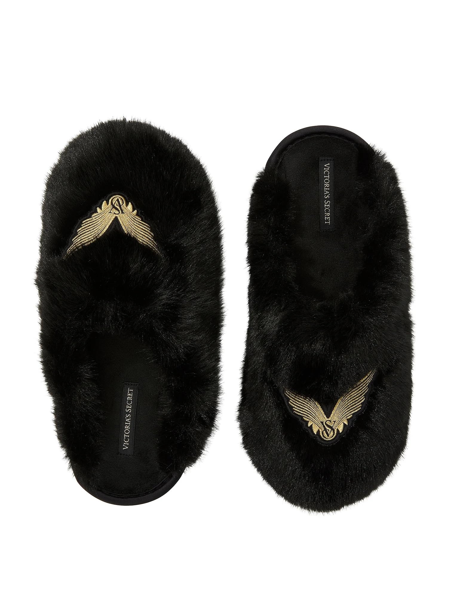 Victoria's Secret Luxe Plush Faux Fur Slippers Black Closed Toe Soft Cozy Angel Wings Indoor Shoes New (Black Angel Wings/Black, 8.5, US Footwear Size System, Adult, Women, Alpha, Medium, Small)