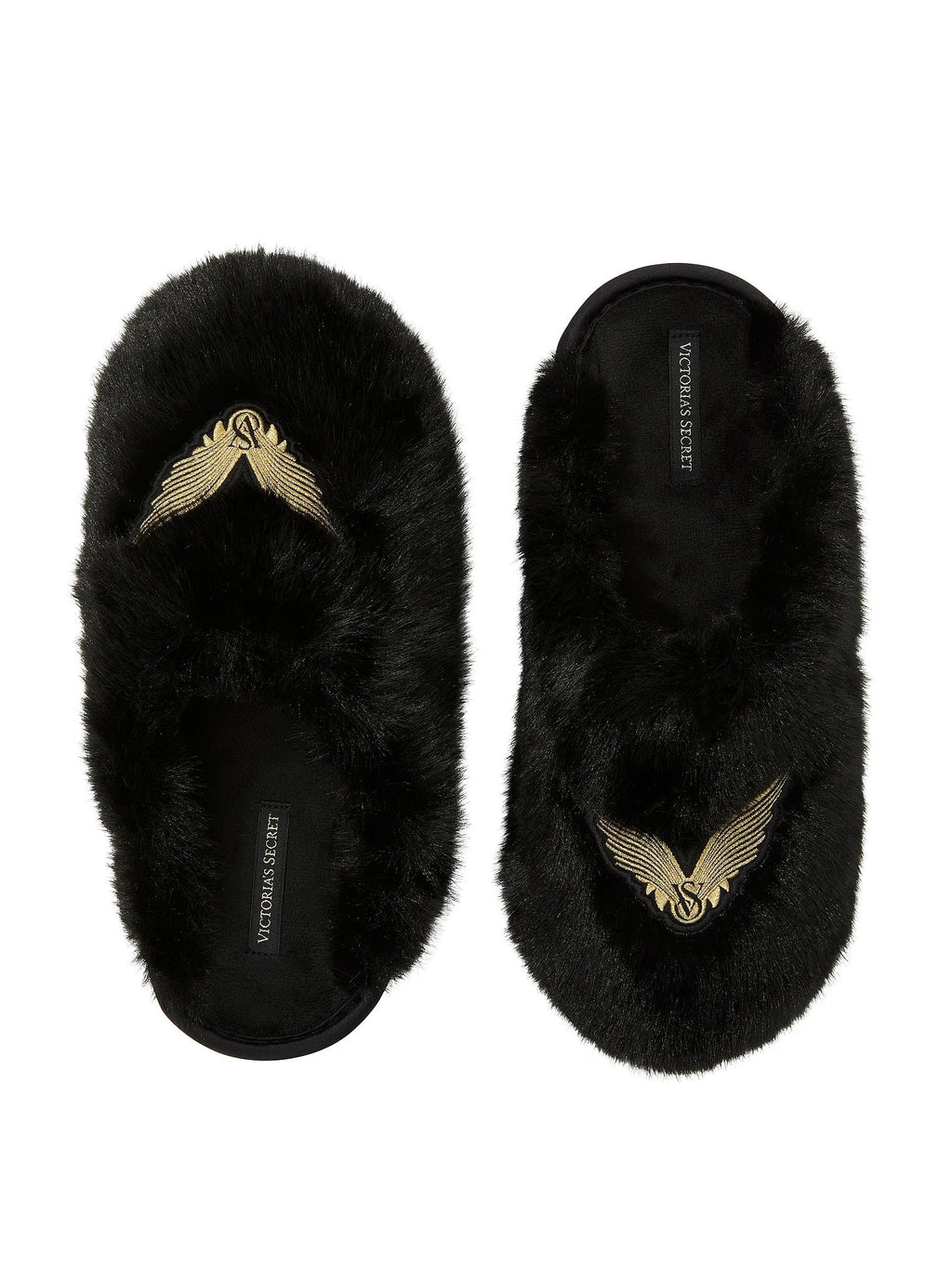 Victoria's Secret Luxe Plush Angel Wings Faux Fur Slippers Black New