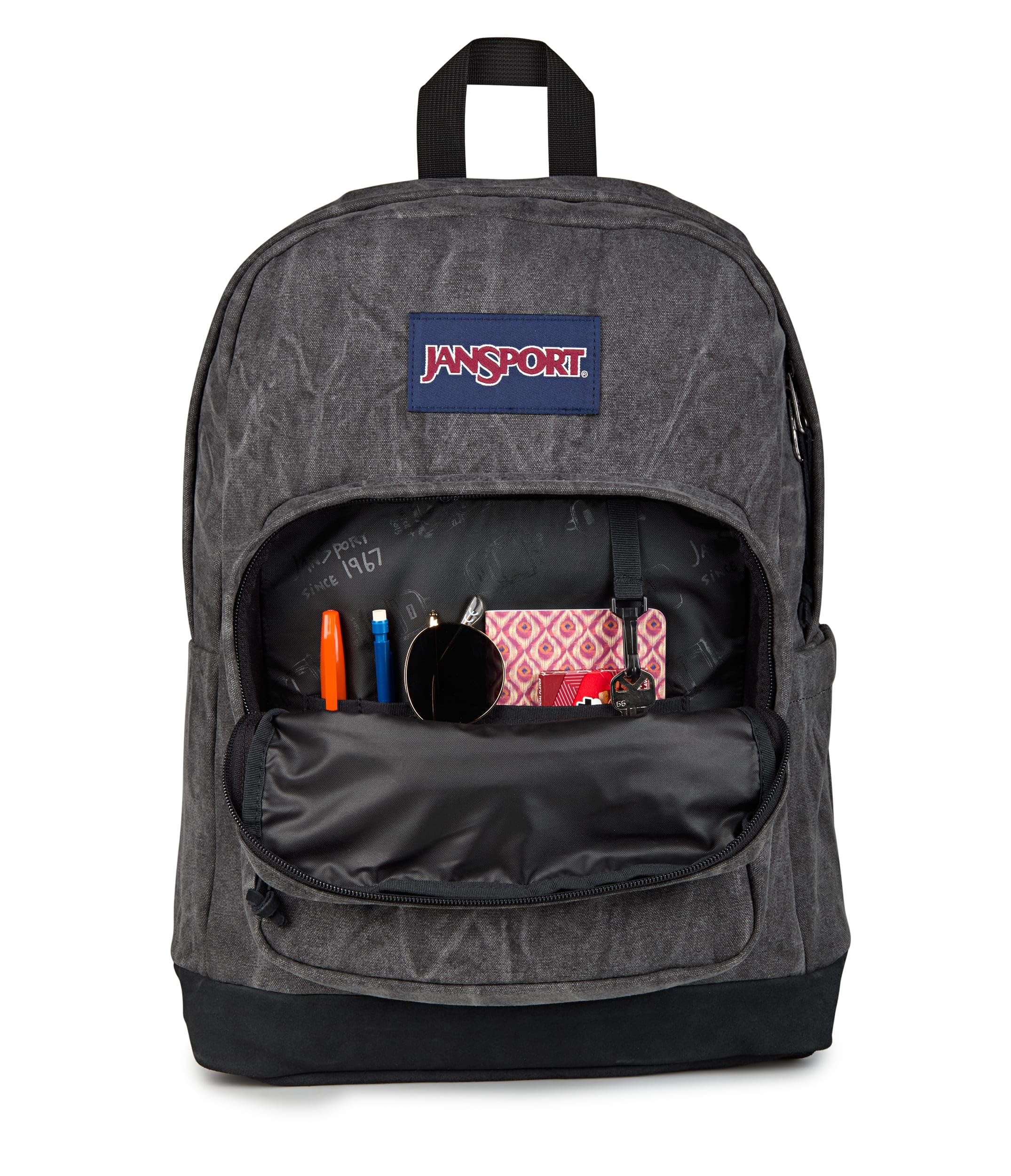 JanSport Right Pack Expressions Backpack – 15-inch Padded Laptop Compartment, Water Bottle Pocket, Utility Pocket with Flap, Aged Canvas Black/Oxford/Black