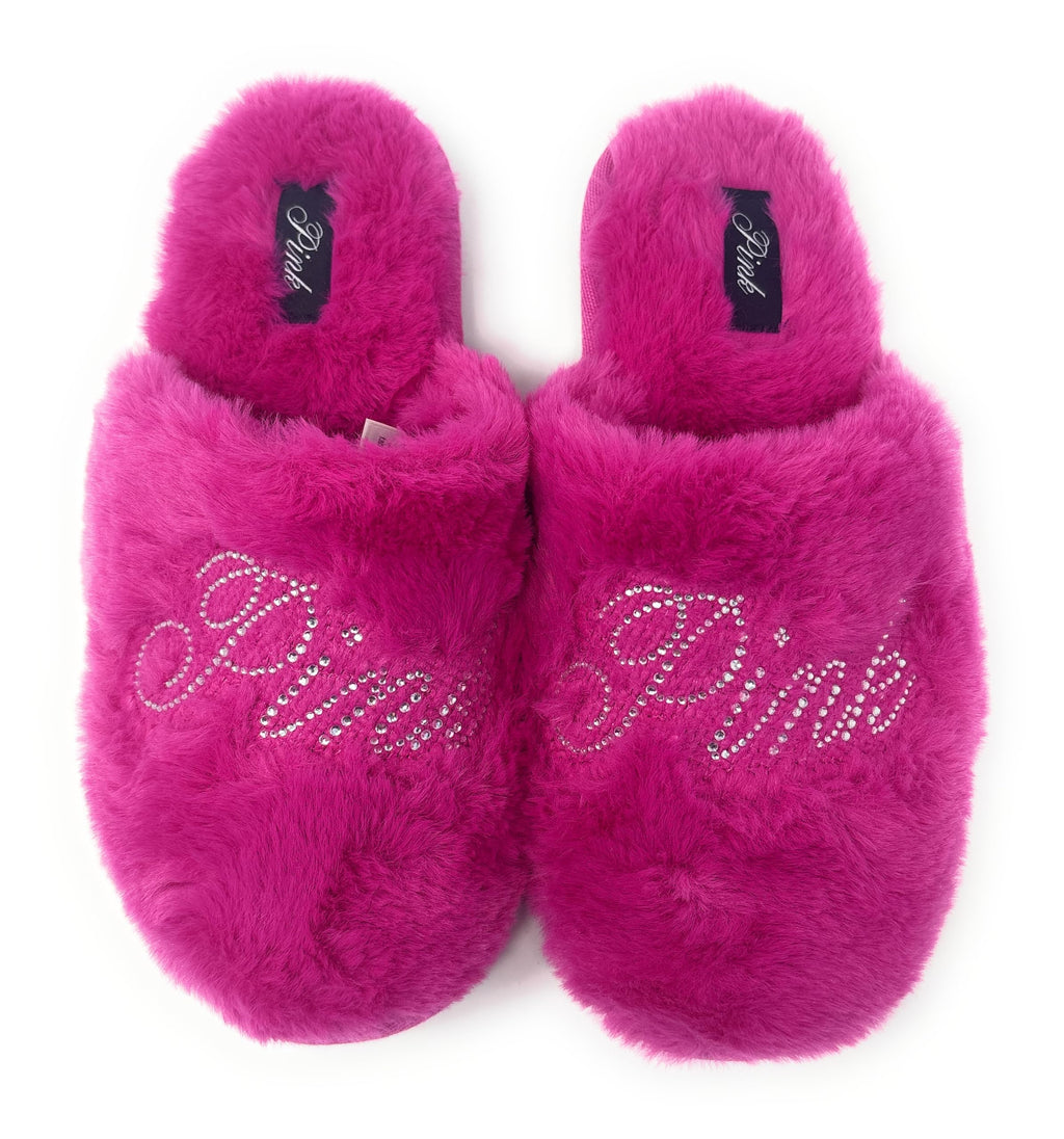 Victoria's Secret PINK Faux-Fur Closed-Toe Slippers (Hot Pink/Bling, 9/10, US Footwear Size System, Adult, Women, Alpha, Medium, Large)
