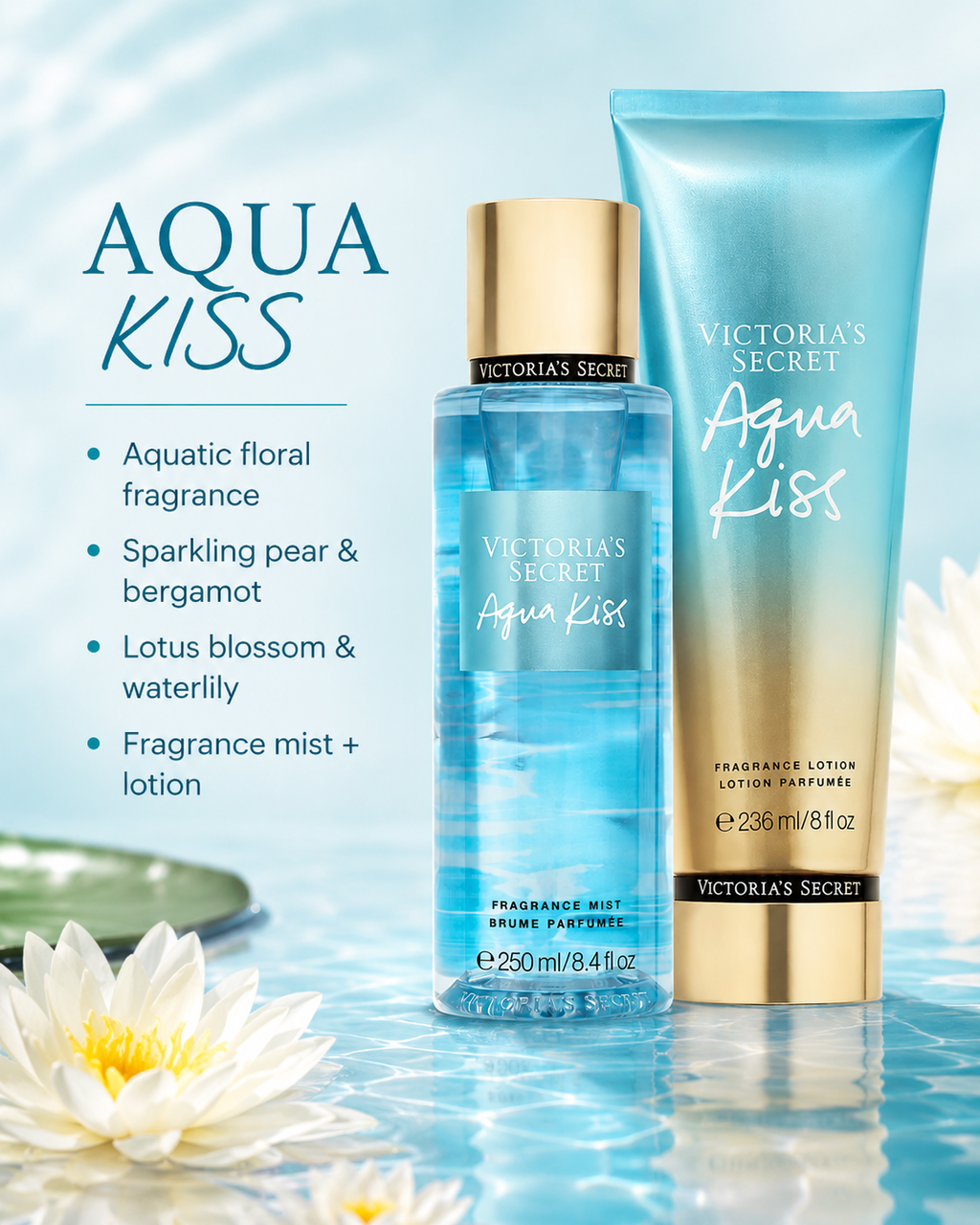 Victoria’s Secret Aqua Kiss Fragrance Mist & Lotion Set 8.4 oz + 8 oz