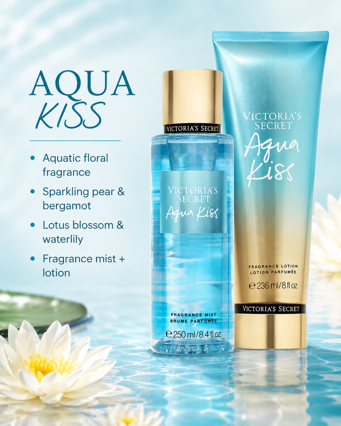 Victoria’s Secret Aqua Kiss Fragrance Mist & Lotion Set 8.4 oz + 8 oz