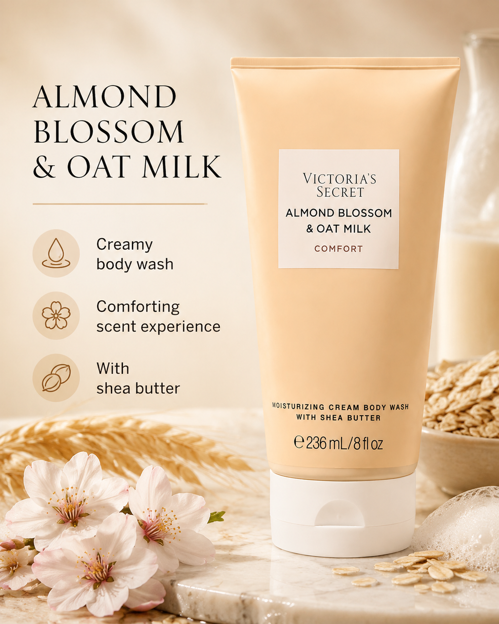 Victoria’s Secret Almond Blossom & Oat Milk Comfort Moisturizing Cream Body Wash 8 fl oz