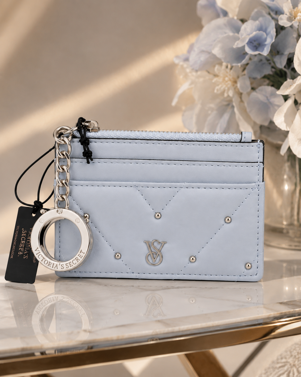 Victoria’s Secret Light Blue Quilted Wristlet Wallet with VS Logo