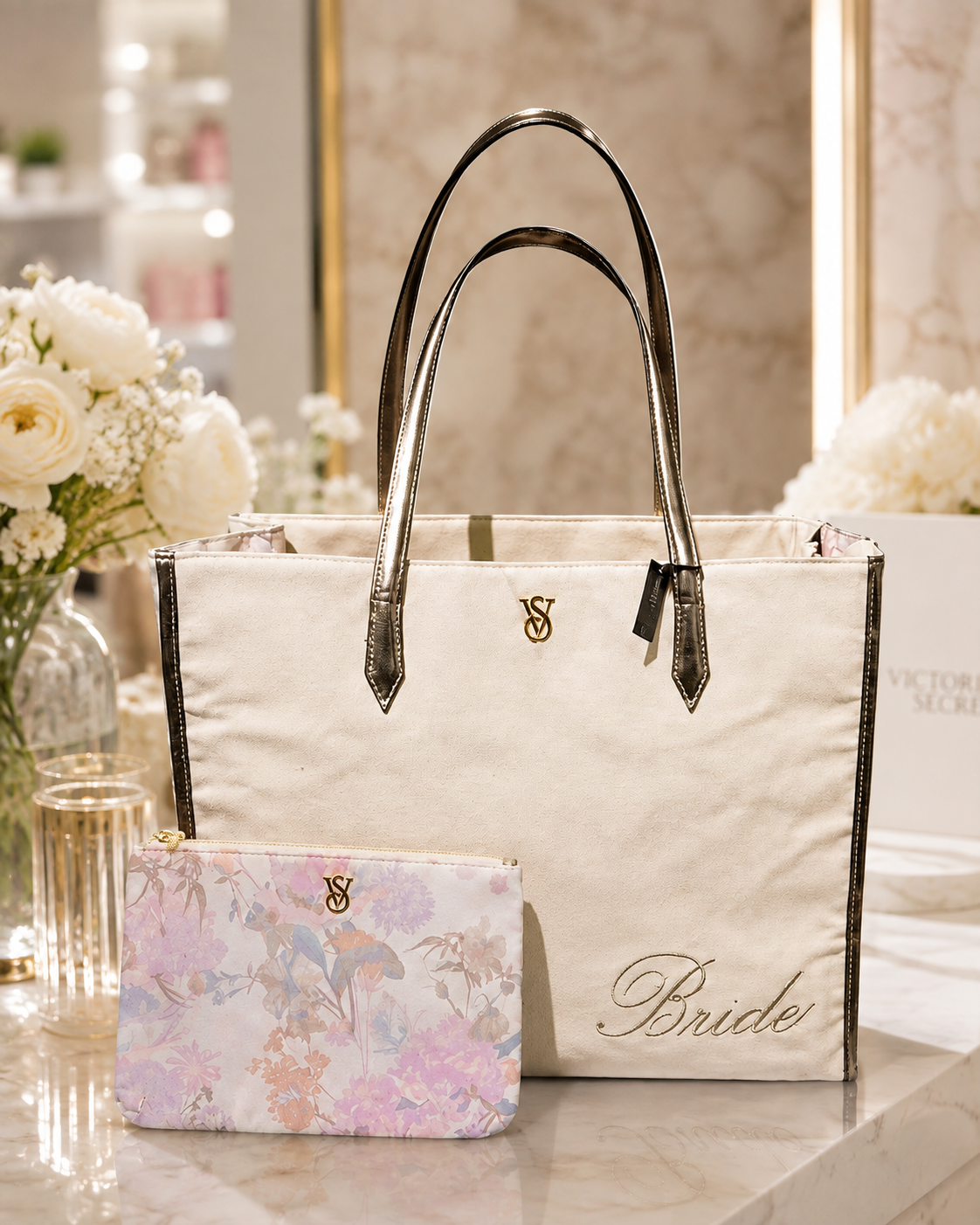 Victoria’s Secret Bride Tote Bag & Floral Pouch Set, Ivory & Gold, NWT
