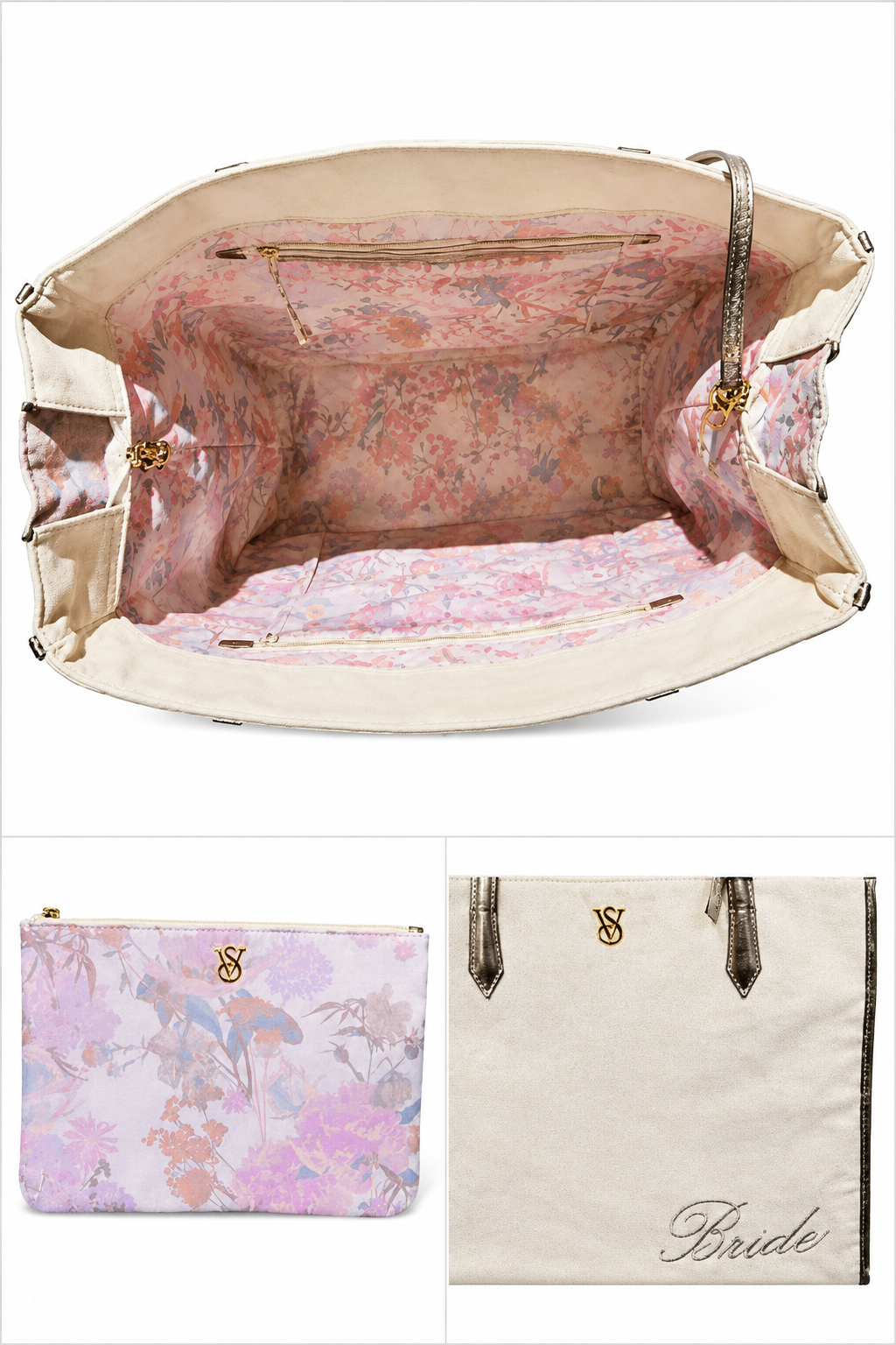 Victoria’s Secret Bride Tote Bag & Floral Pouch Set, Ivory & Gold, NWT