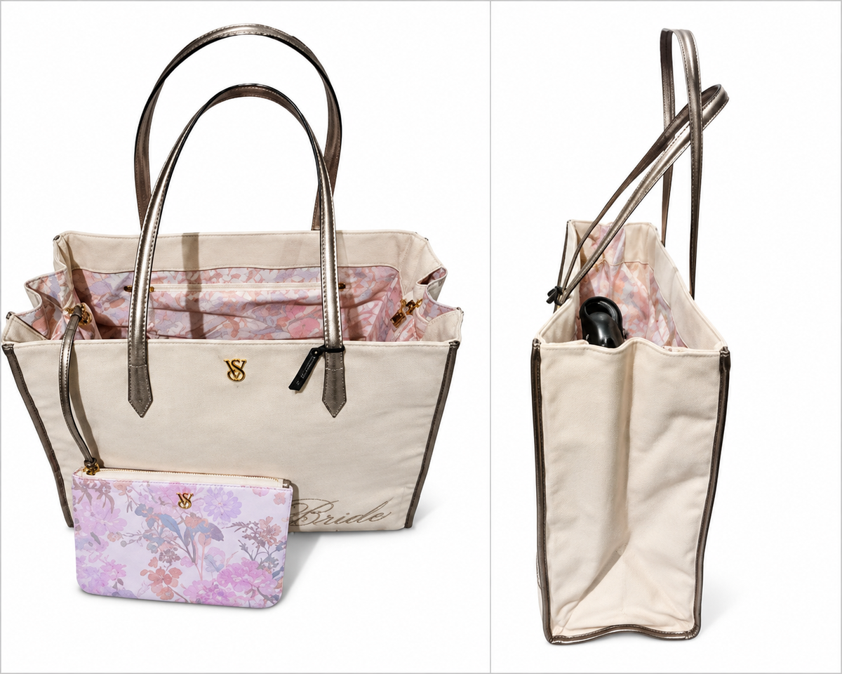 Victoria’s Secret Bride Tote Bag & Floral Pouch Set, Ivory & Gold, NWT