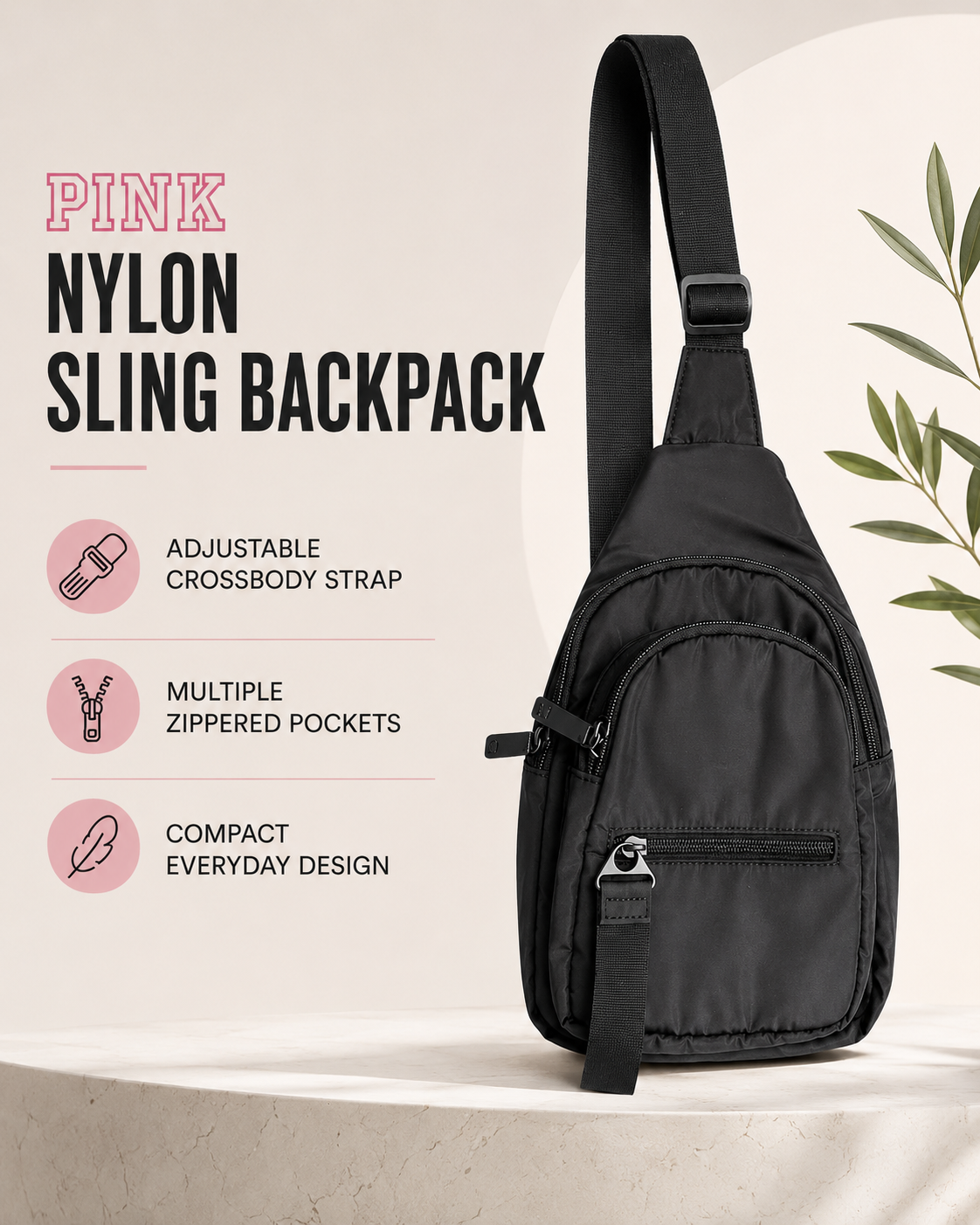 PINK Nylon Sling Backpack, Pure Black, One Size