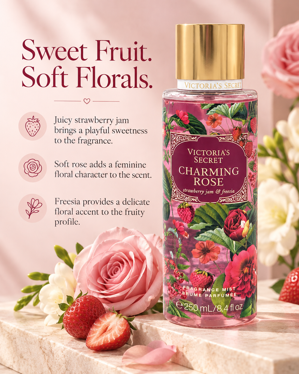 Victoria’s Secret Charming Rose Fragrance Mist – Strawberry Jam & Freesia, 8.4 fl oz