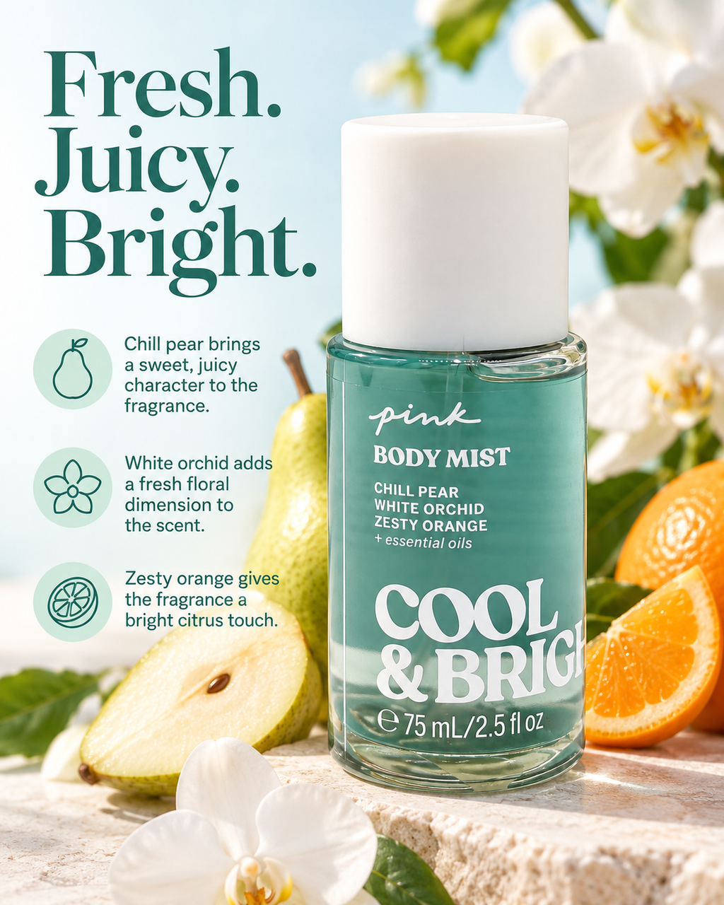 PINK Cool & Bright Body Mist – Chill Pear, White Orchid & Zesty Orange, 2.5 fl oz