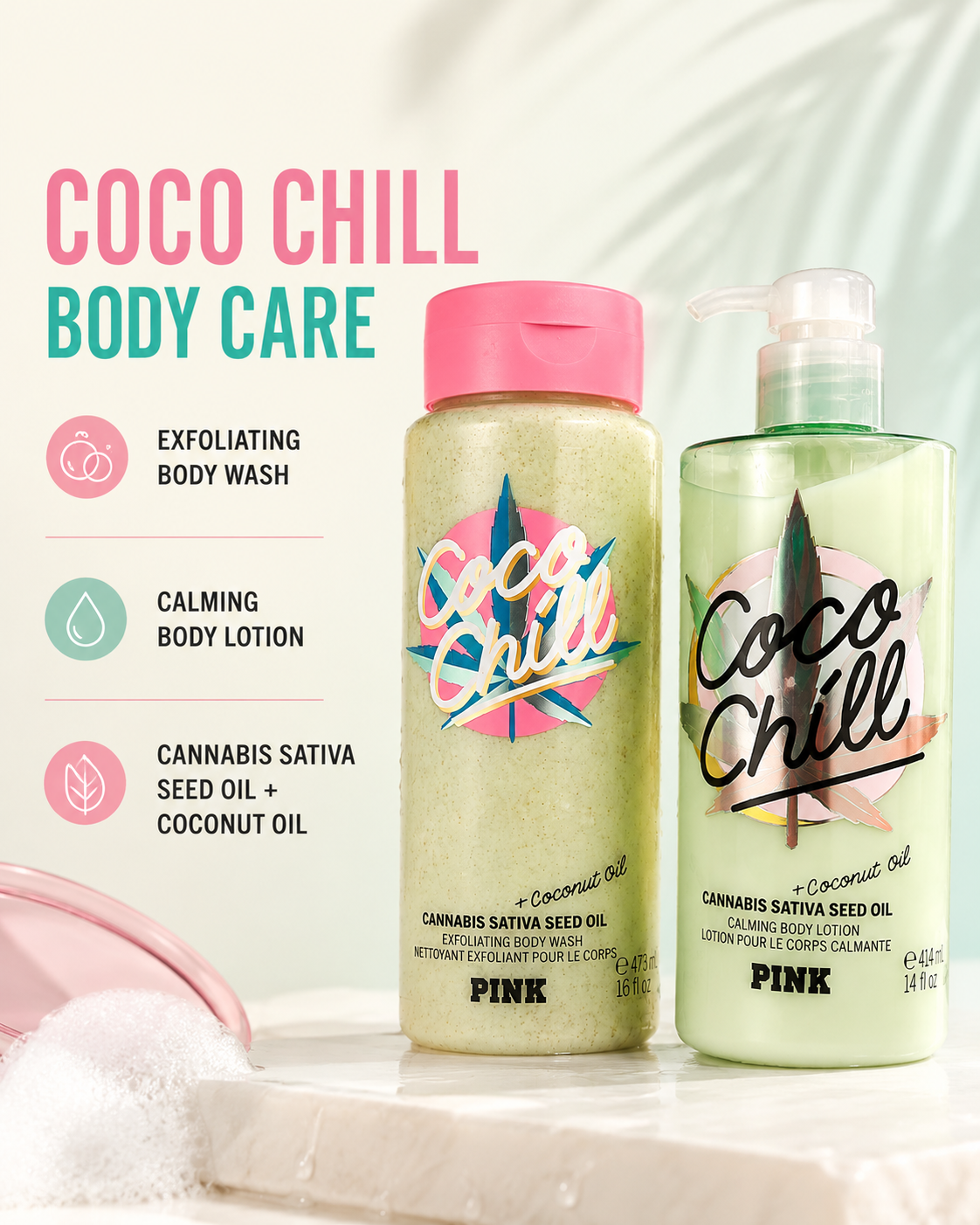 Victoria’s Secret PINK Coco Chill Body Care Set – Exfoliating Body Wash & Calming Body Lotion, 16 fl oz + 14 fl oz