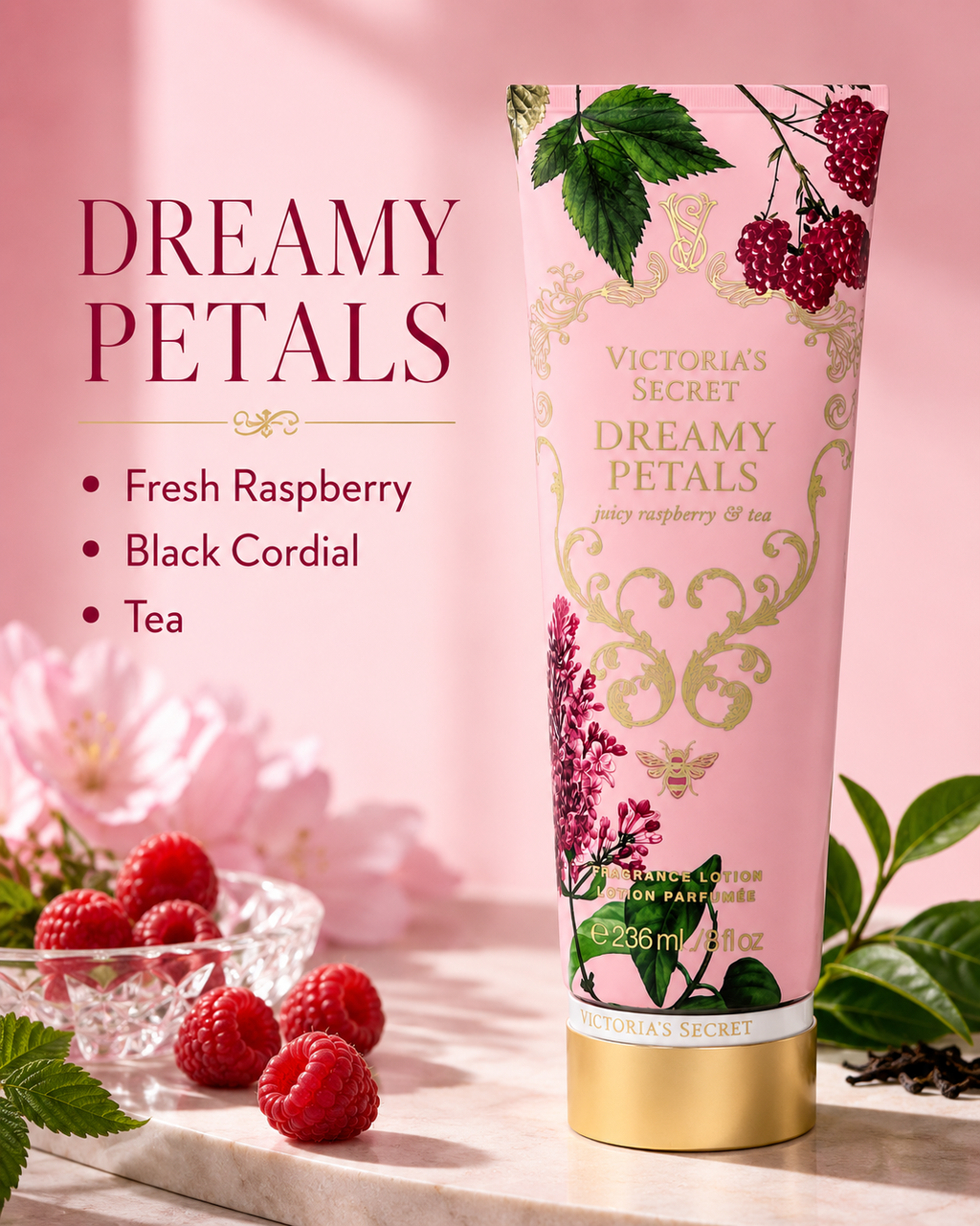 Victoria’s Secret Dreamy Petals Fragrance Lotion, Juicy Raspberry & Tea, 8 oz