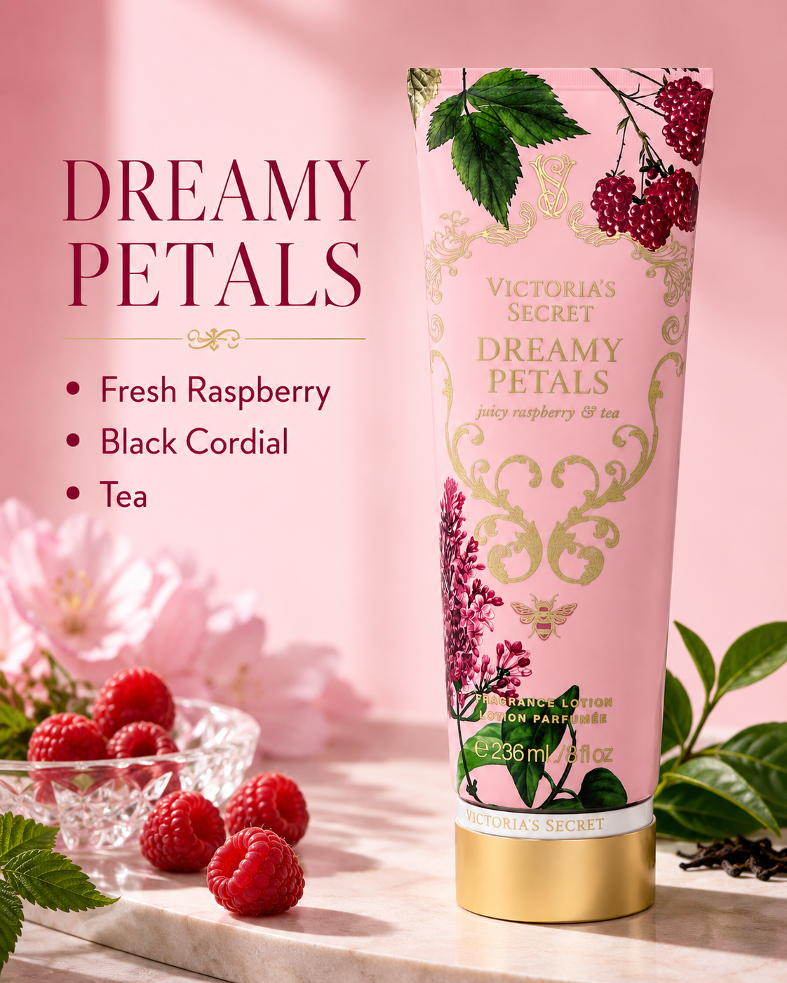Victoria’s Secret Dreamy Petals Fragrance Lotion, Juicy Raspberry & Tea, 8 oz